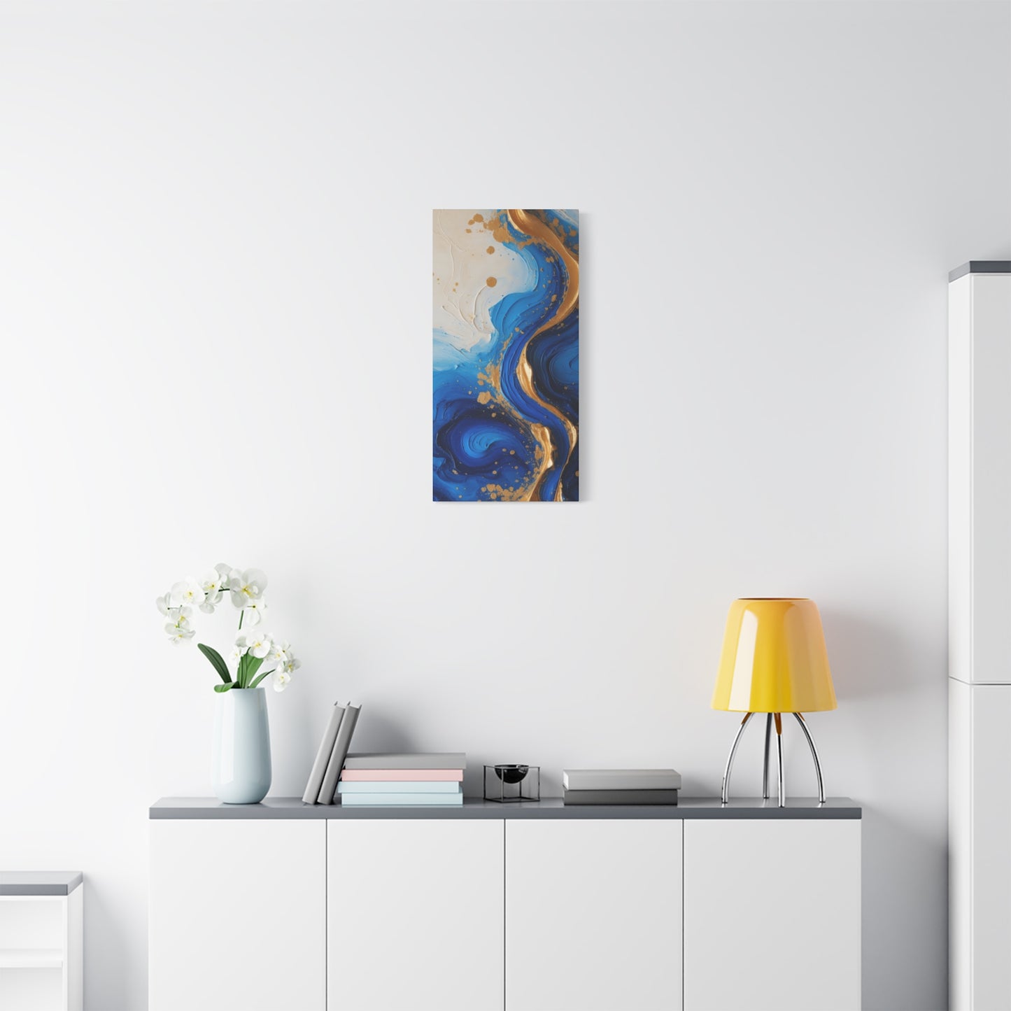 Blue and Gold Abstract Fluid Wall Art – Luxury Canvas Print with Textured Paint Swirls for Modern Home Décor
