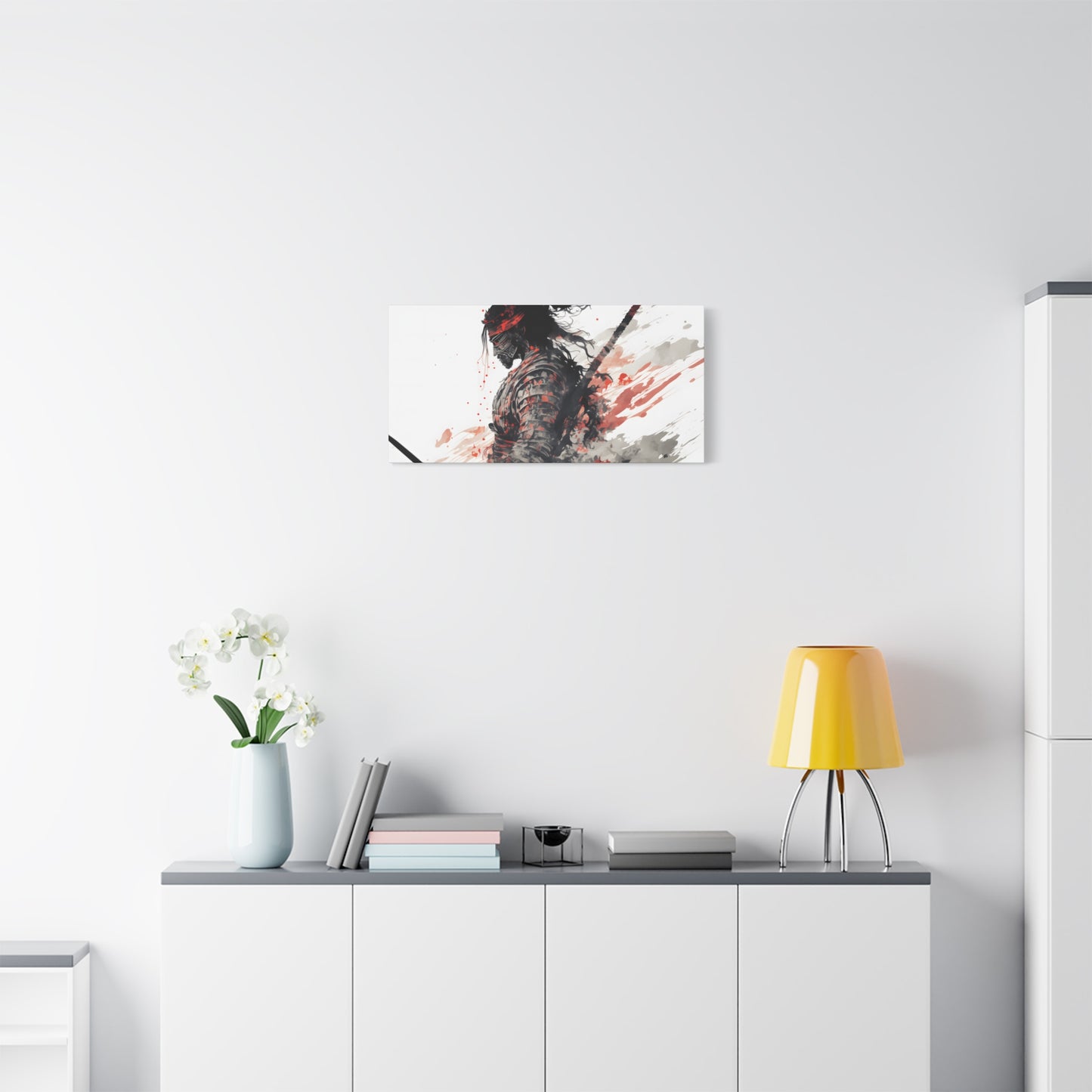 Bushido Samurai Ink Art – Red and Grey Watercolor Canvas Print of Warrior in Armor with Katana