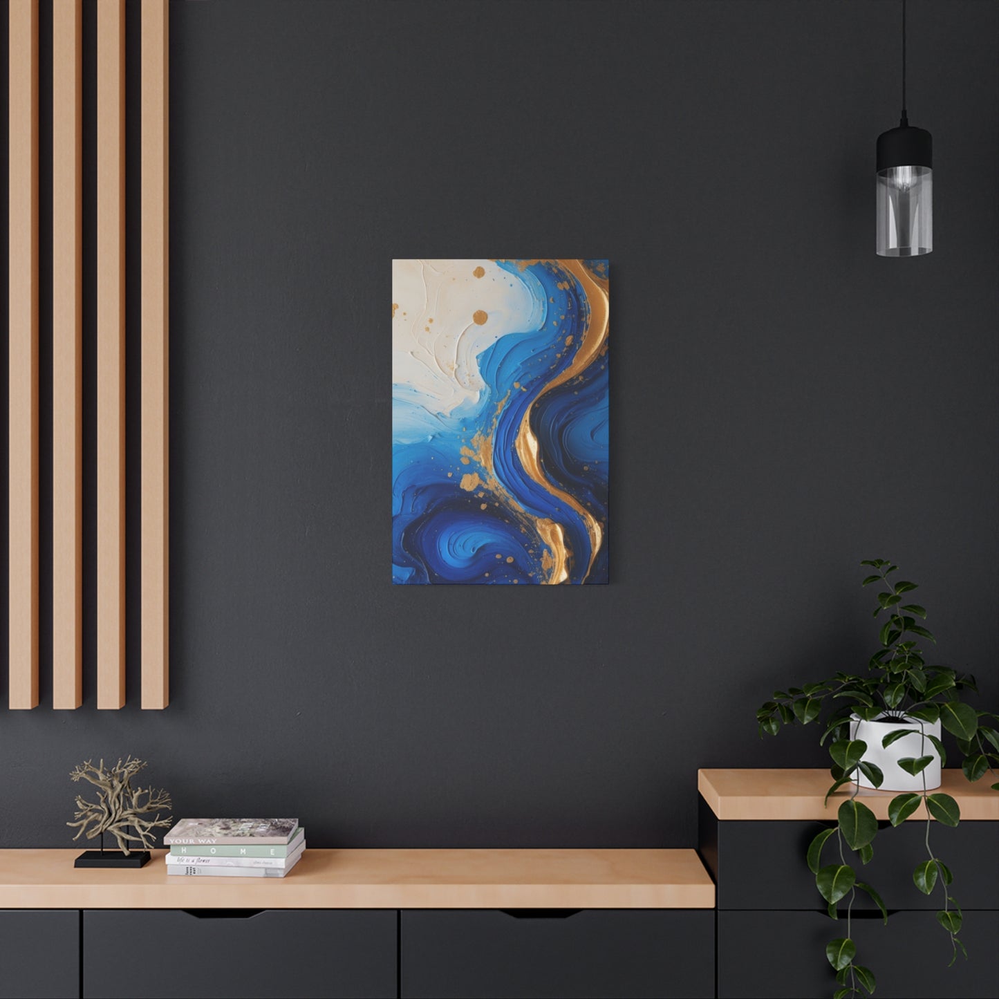 Blue and Gold Abstract Fluid Wall Art – Luxury Canvas Print with Textured Paint Swirls for Modern Home Décor