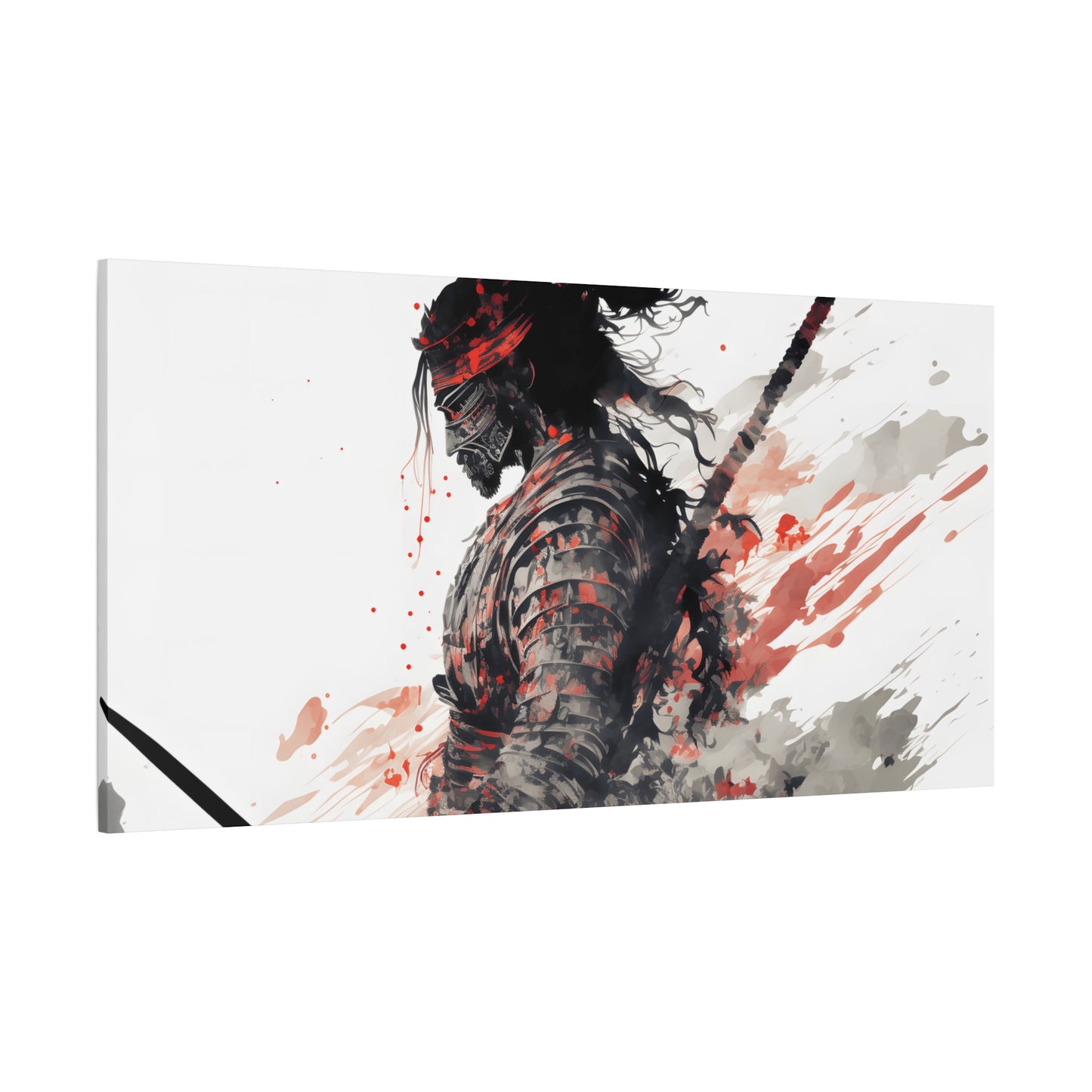 Bushido Samurai Ink Art – Red and Grey Watercolor Canvas Print of Warrior in Armor with Katana