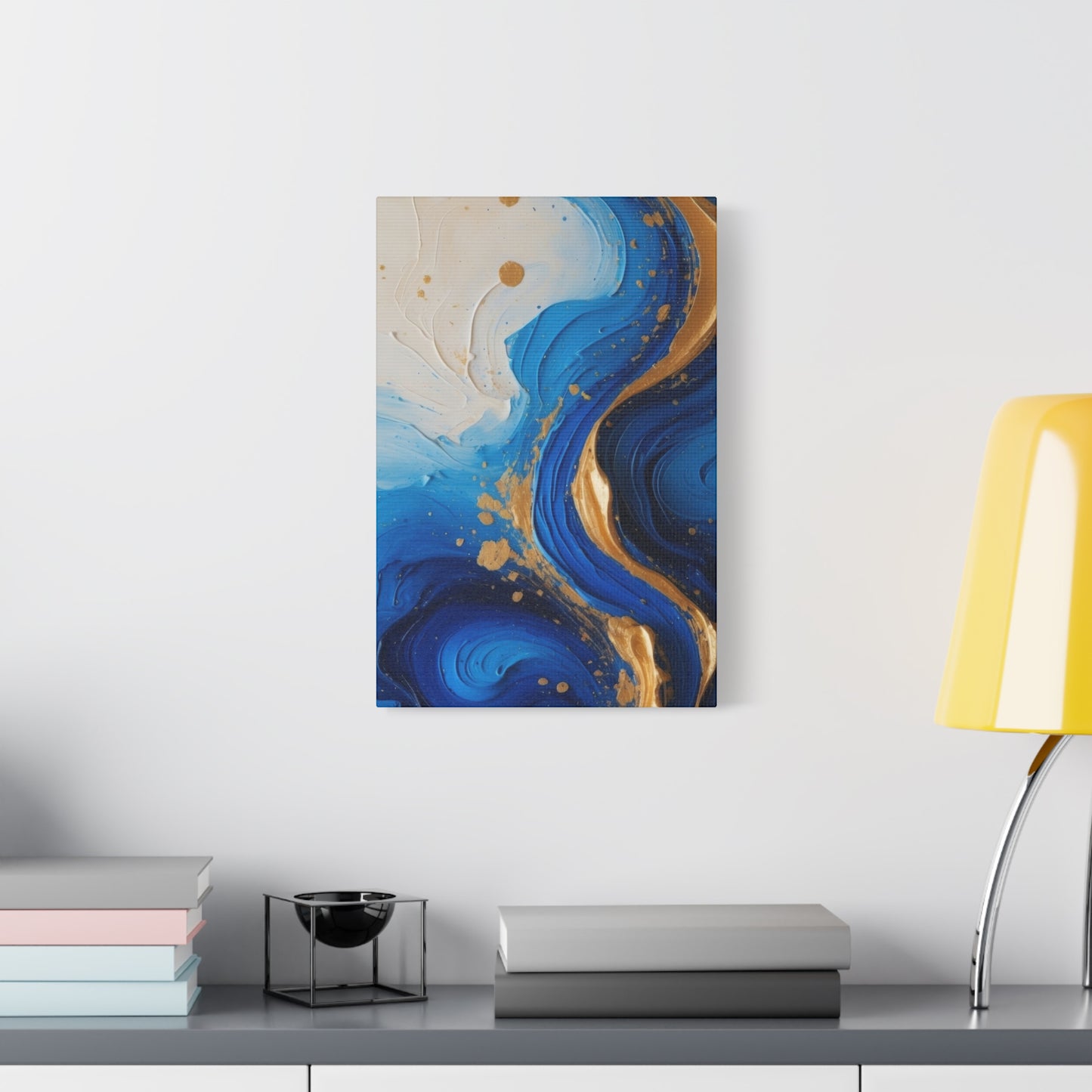 Blue and Gold Abstract Fluid Wall Art – Luxury Canvas Print with Textured Paint Swirls for Modern Home Décor