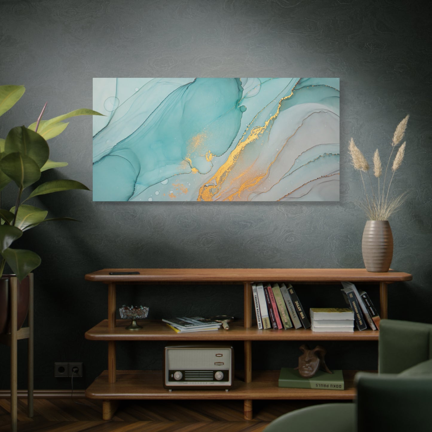 Aqua & Gold Fluid Abstract Canvas Wall Art – Modern Watercolor-Inspired Artwork for Living Room, Bedroom, or Office
