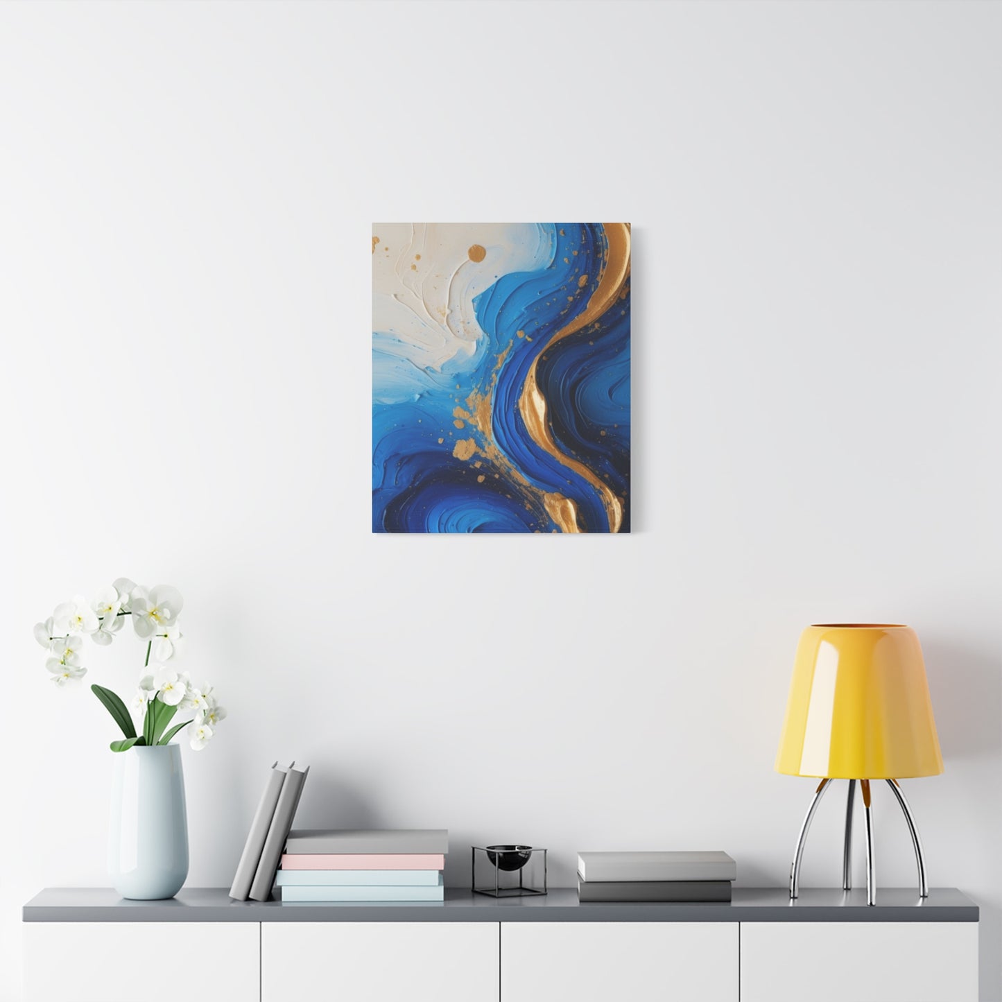 Blue and Gold Abstract Fluid Wall Art – Luxury Canvas Print with Textured Paint Swirls for Modern Home Décor