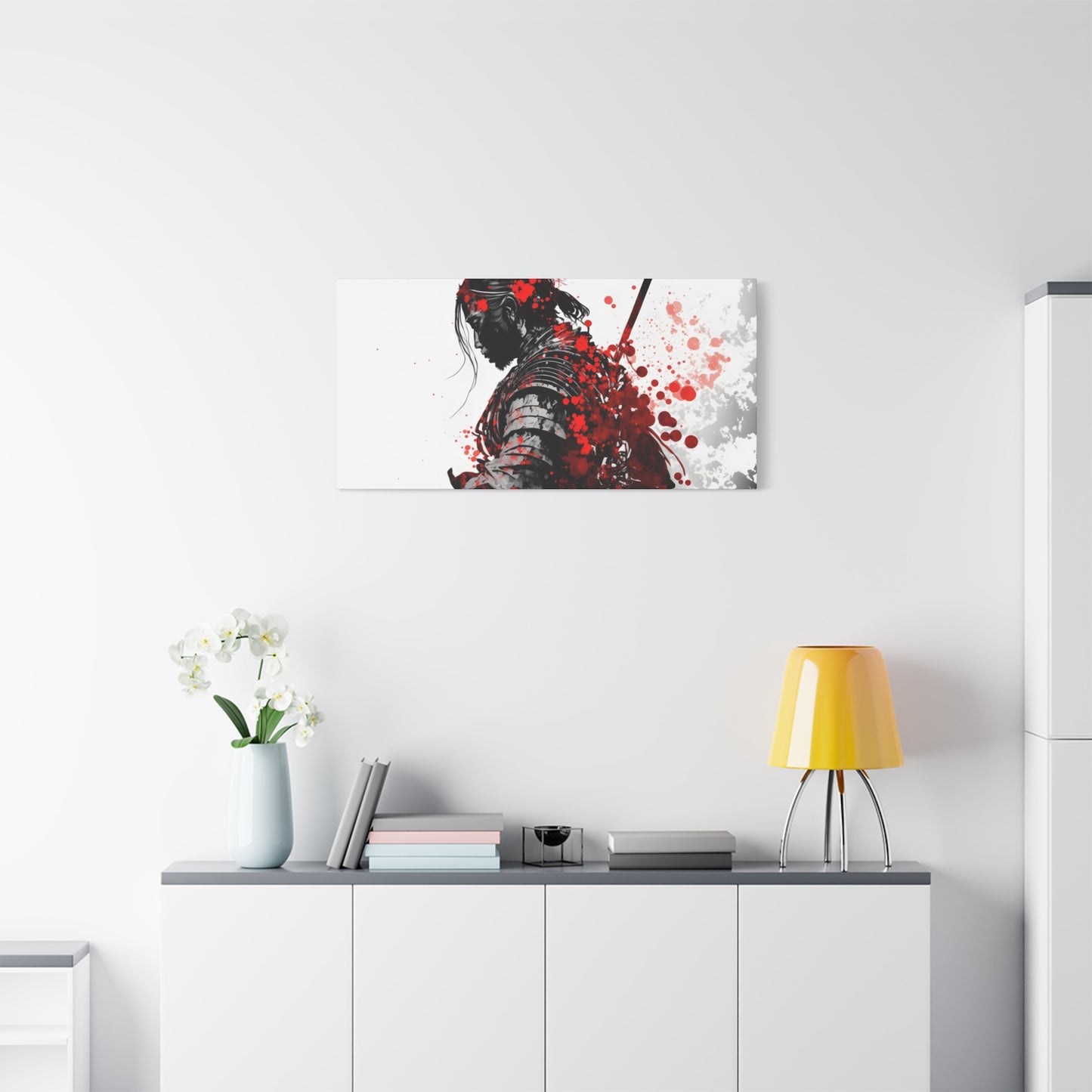 Samurai Warrior Ink Art – Red and Black Japanese Brush Style Canvas Print for Bold, Minimalist Spaces