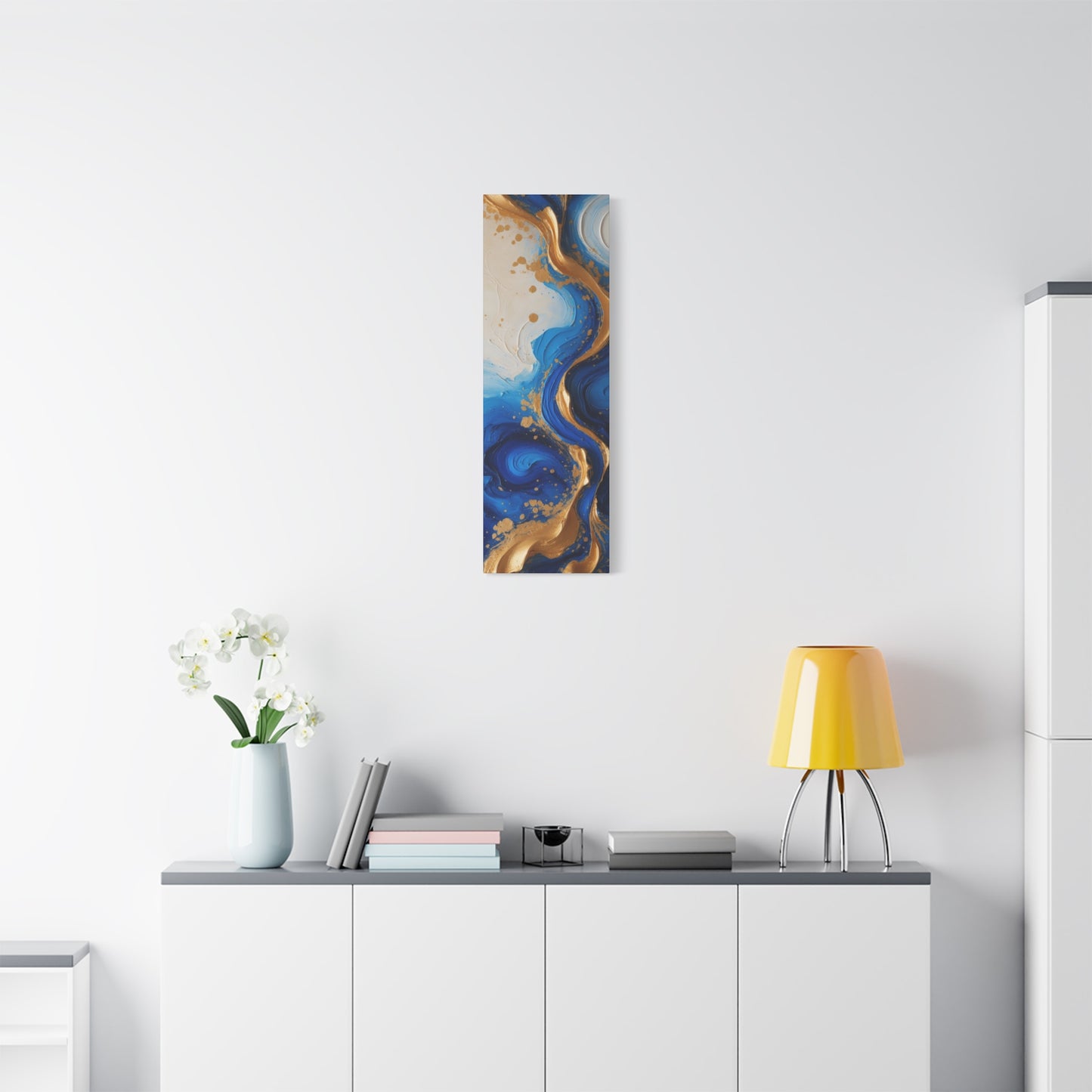 Blue and Gold Abstract Fluid Wall Art – Luxury Canvas Print with Textured Paint Swirls for Modern Home Décor