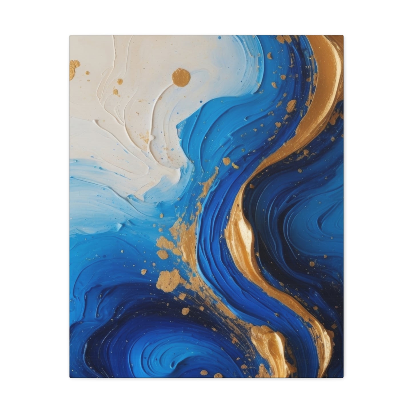 Blue and Gold Abstract Fluid Wall Art – Luxury Canvas Print with Textured Paint Swirls for Modern Home Décor