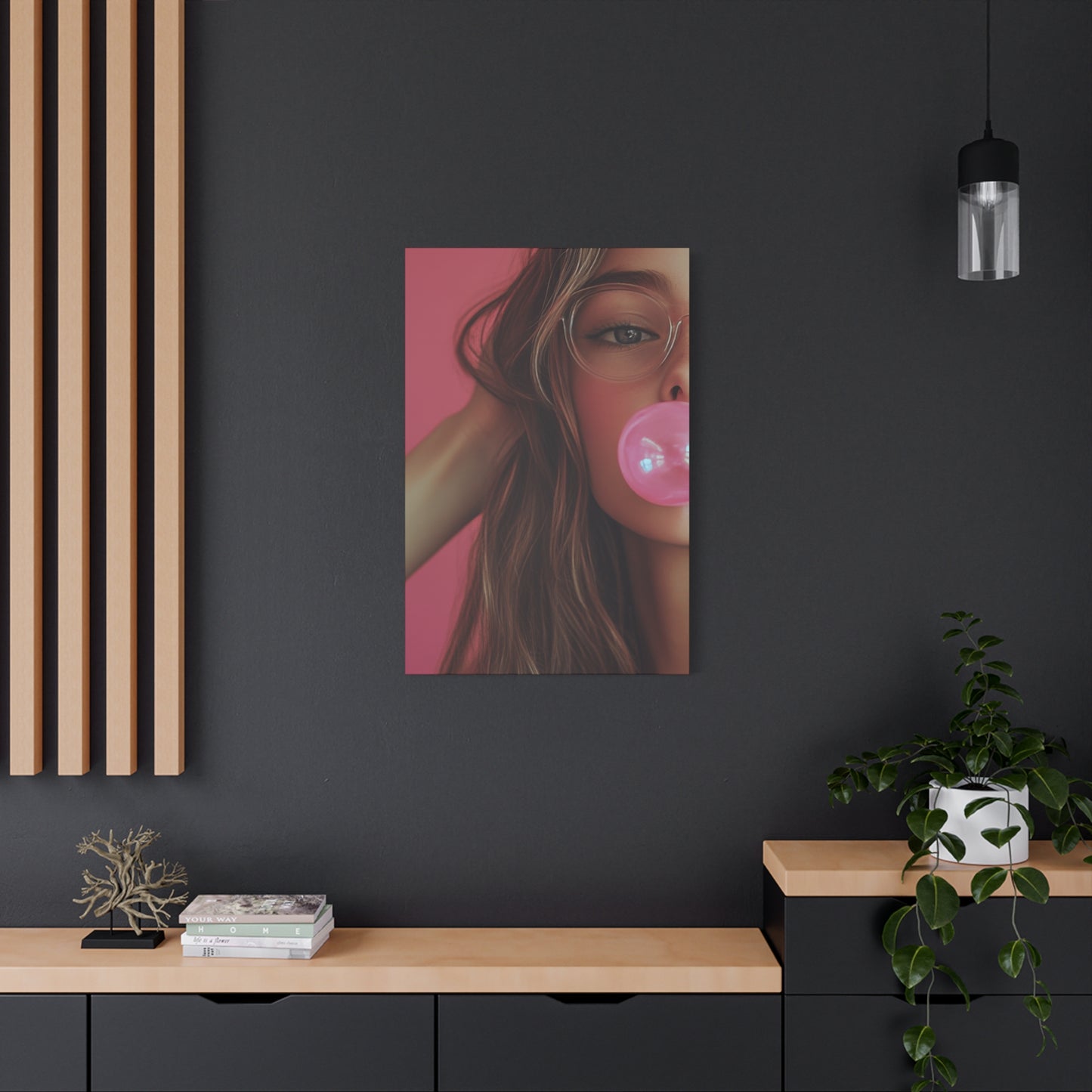 Trendy Bubblegum Girl Wall Art – Soft Pink Portrait Canvas Print with Retro Glasses Aesthetic