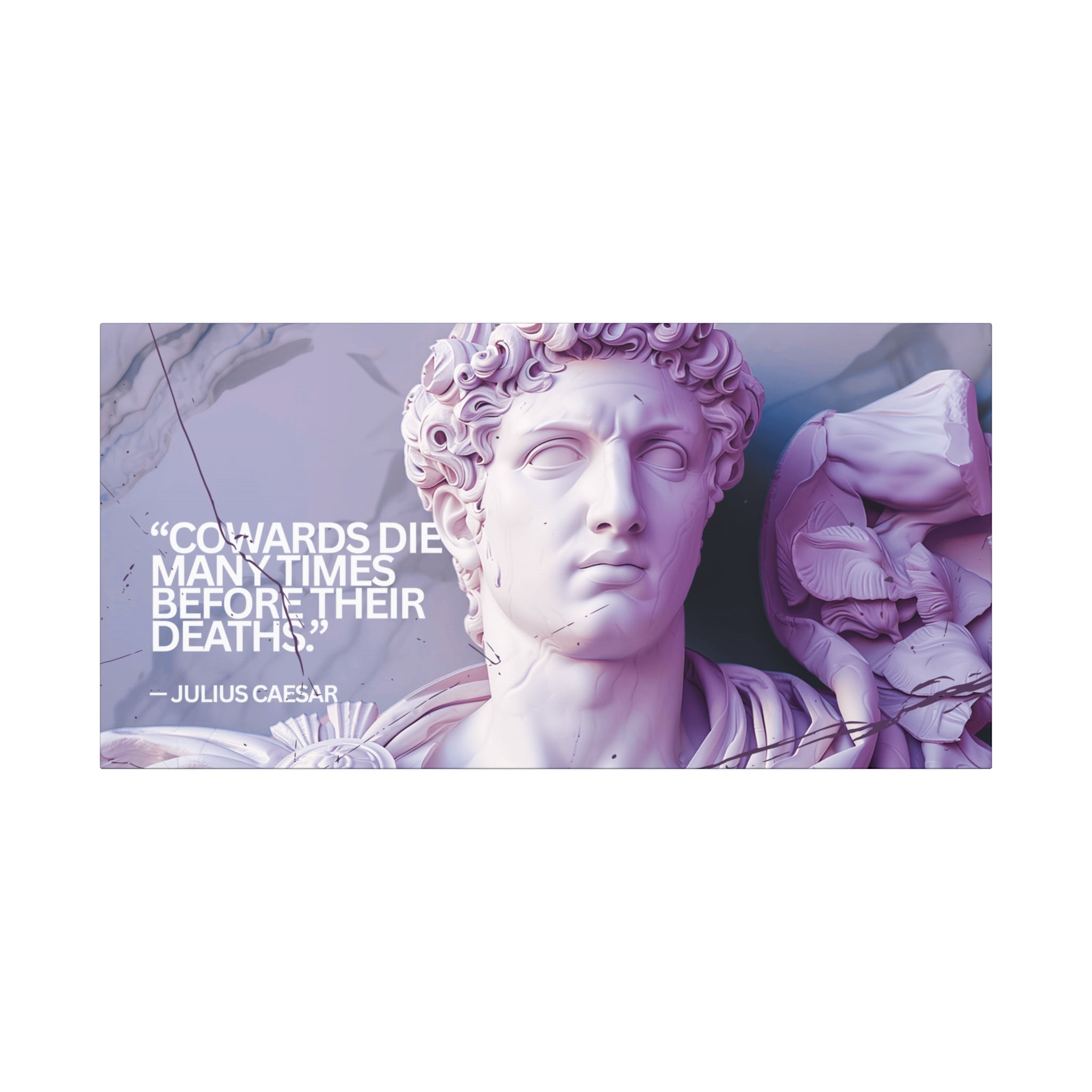 “Cowards Die Many Times” Julius Caesar Quote Wall Art – Lavender Roman Bust Canvas for Bold and Thoughtful Spaces