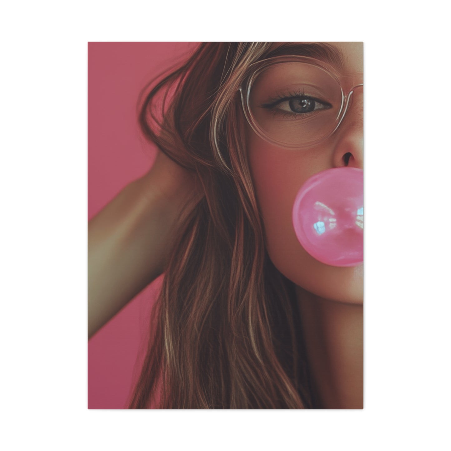 Trendy Bubblegum Girl Wall Art – Soft Pink Portrait Canvas Print with Retro Glasses Aesthetic