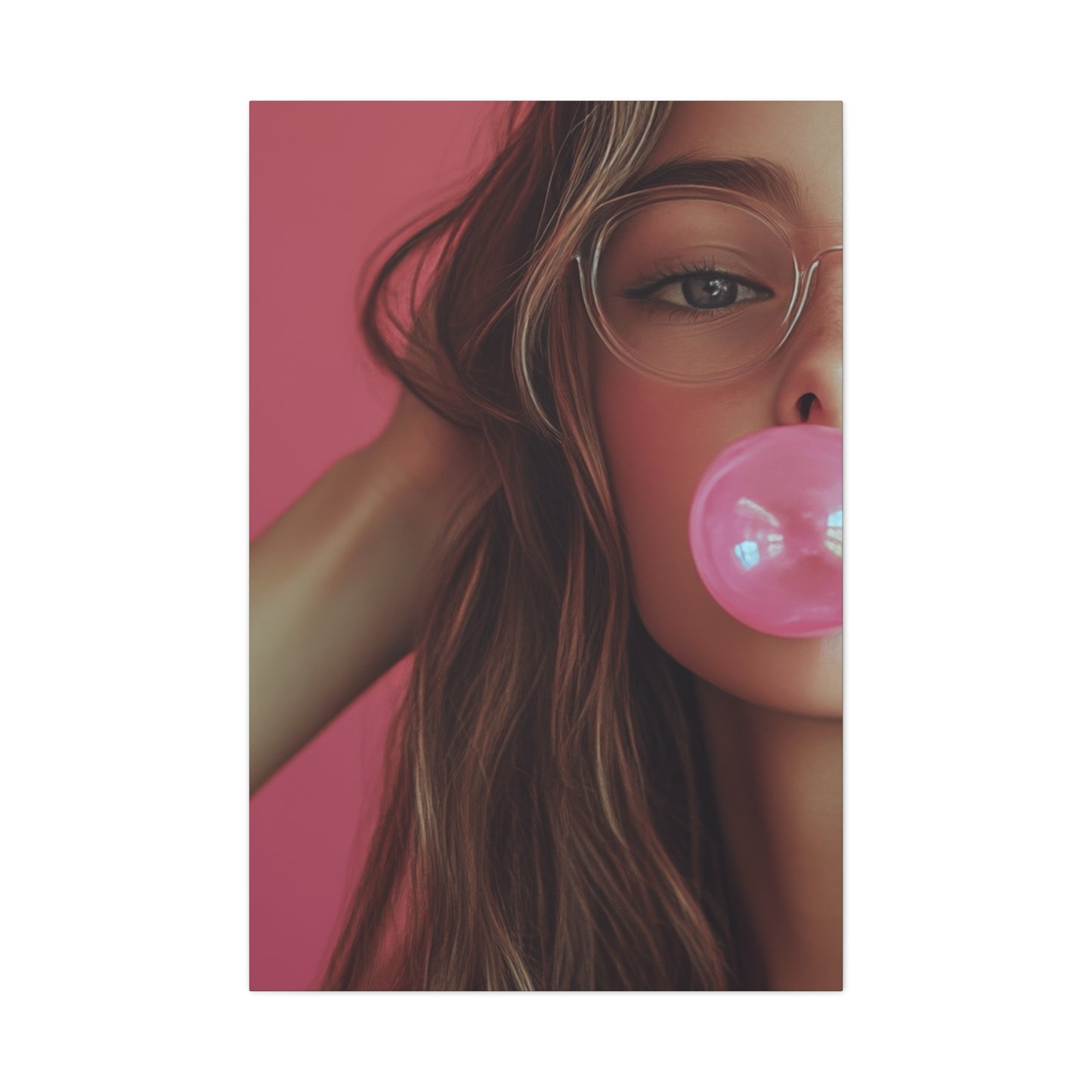 Trendy Bubblegum Girl Wall Art – Soft Pink Portrait Canvas Print with Retro Glasses Aesthetic