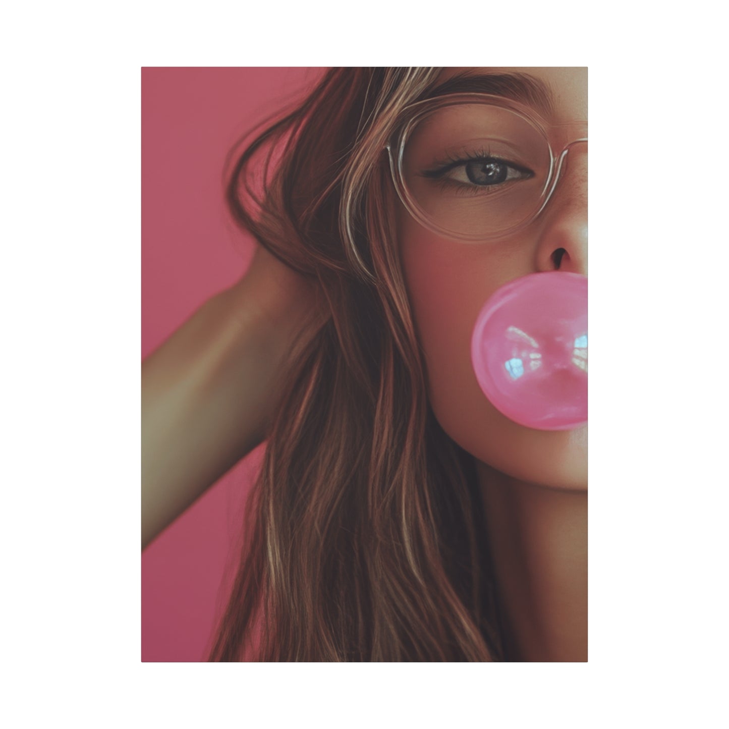 Trendy Bubblegum Girl Wall Art – Soft Pink Portrait Canvas Print with Retro Glasses Aesthetic