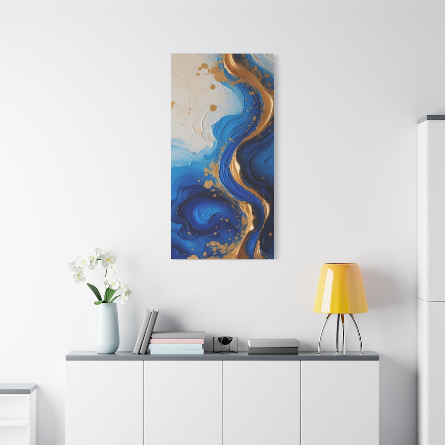Blue and Gold Abstract Fluid Wall Art – Luxury Canvas Print with Textured Paint Swirls for Modern Home Décor