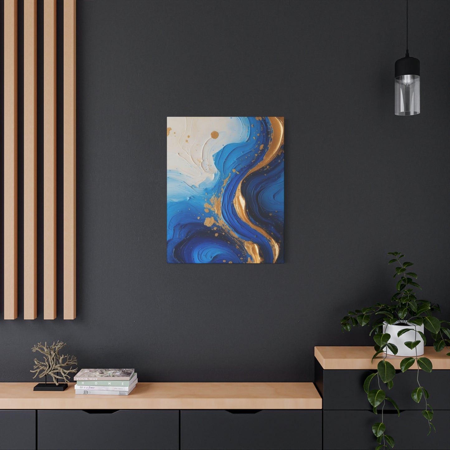 Blue and Gold Abstract Fluid Wall Art – Luxury Canvas Print with Textured Paint Swirls for Modern Home Décor