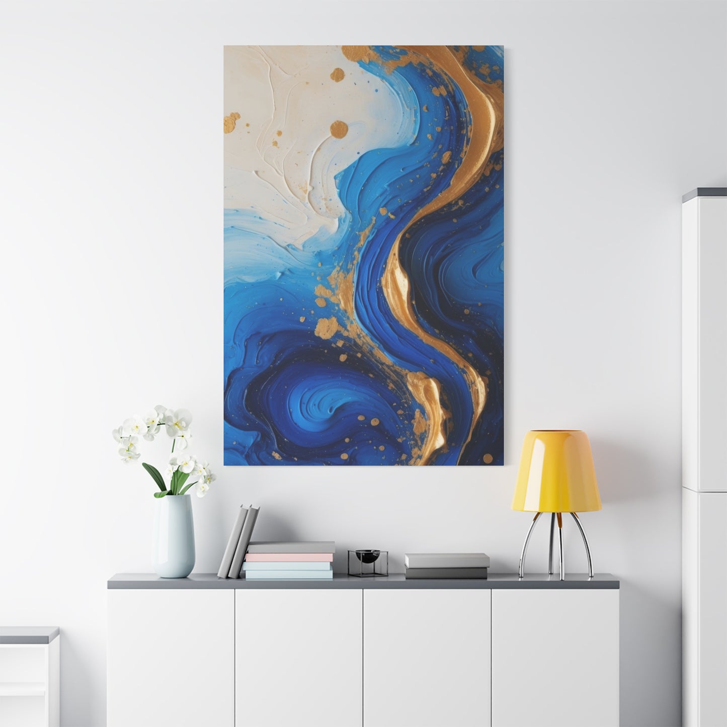 Blue and Gold Abstract Fluid Wall Art – Luxury Canvas Print with Textured Paint Swirls for Modern Home Décor