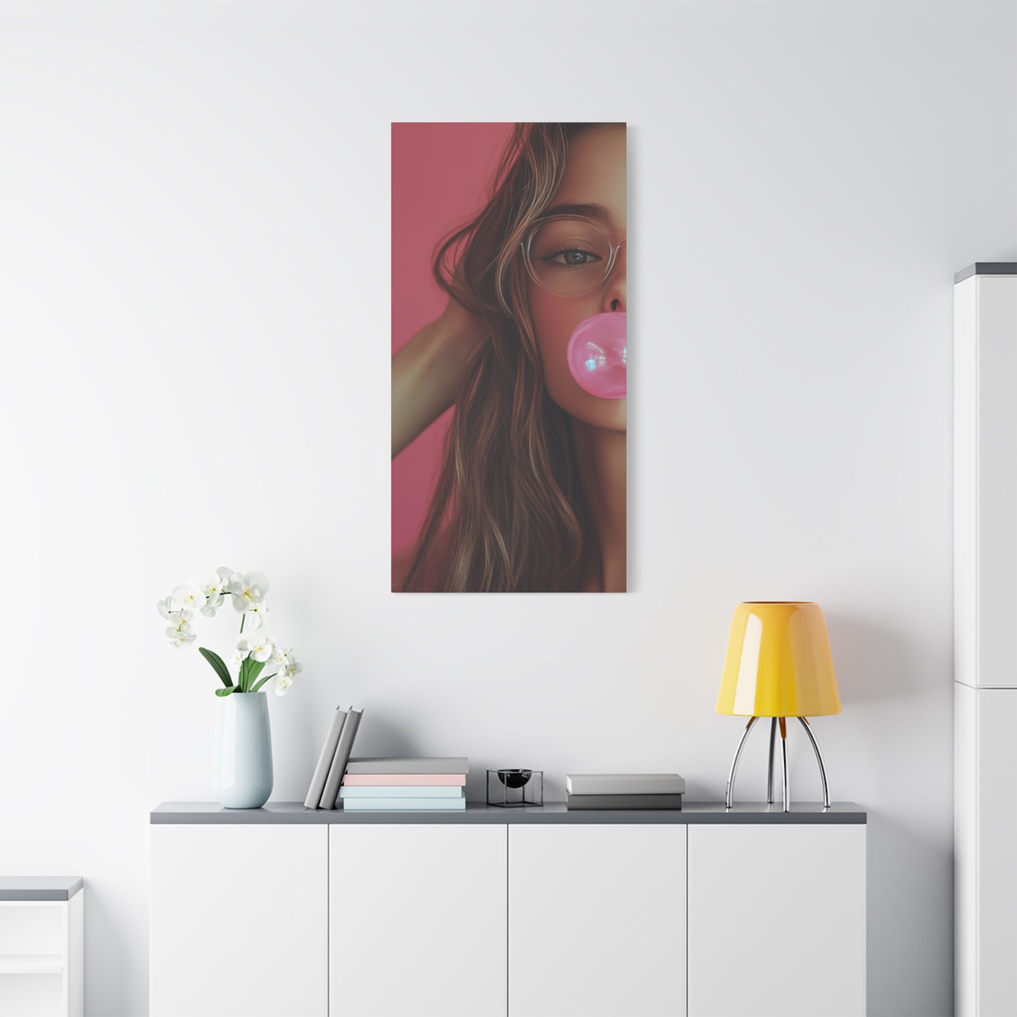 Trendy Bubblegum Girl Wall Art – Soft Pink Portrait Canvas Print with Retro Glasses Aesthetic