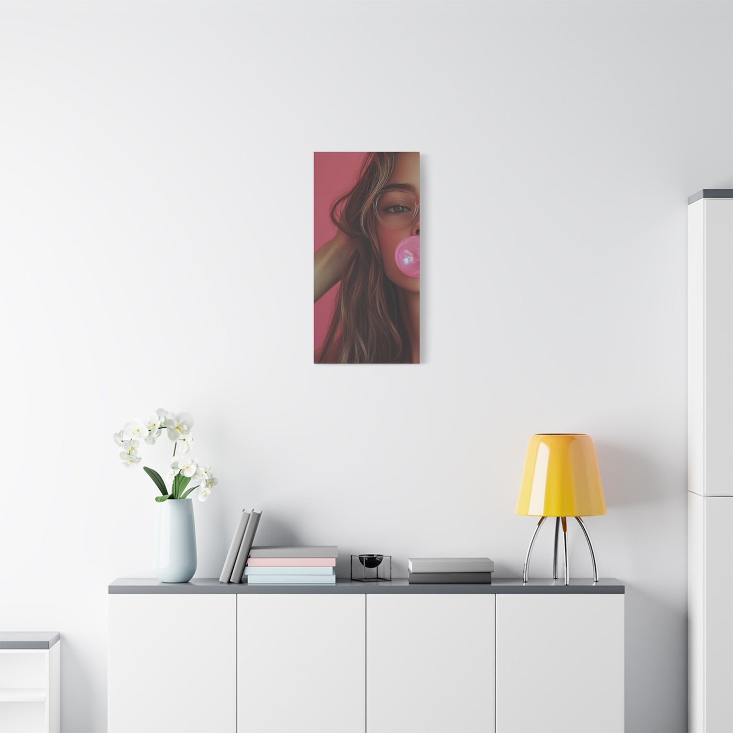 Trendy Bubblegum Girl Wall Art – Soft Pink Portrait Canvas Print with Retro Glasses Aesthetic