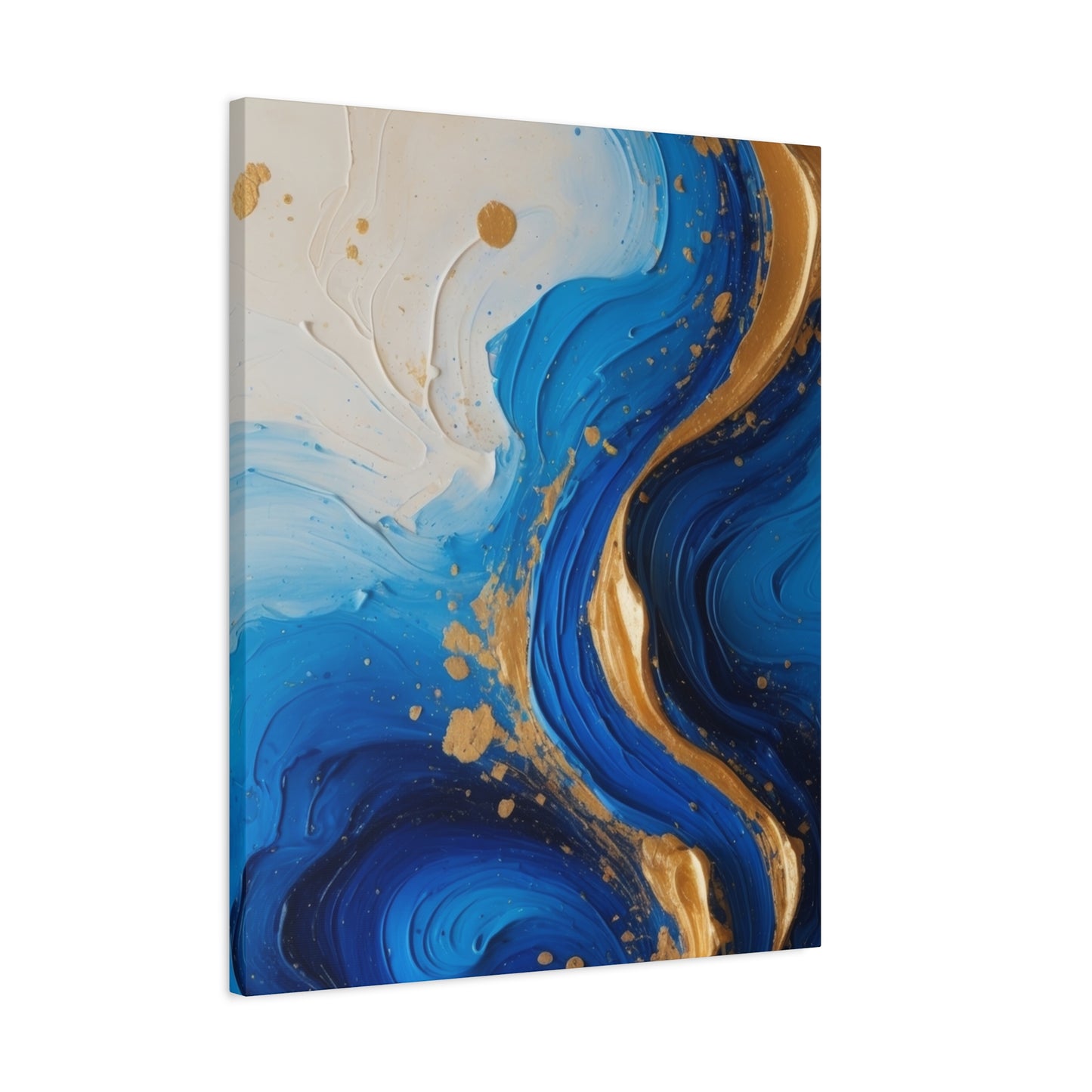 Blue and Gold Abstract Fluid Wall Art – Luxury Canvas Print with Textured Paint Swirls for Modern Home Décor