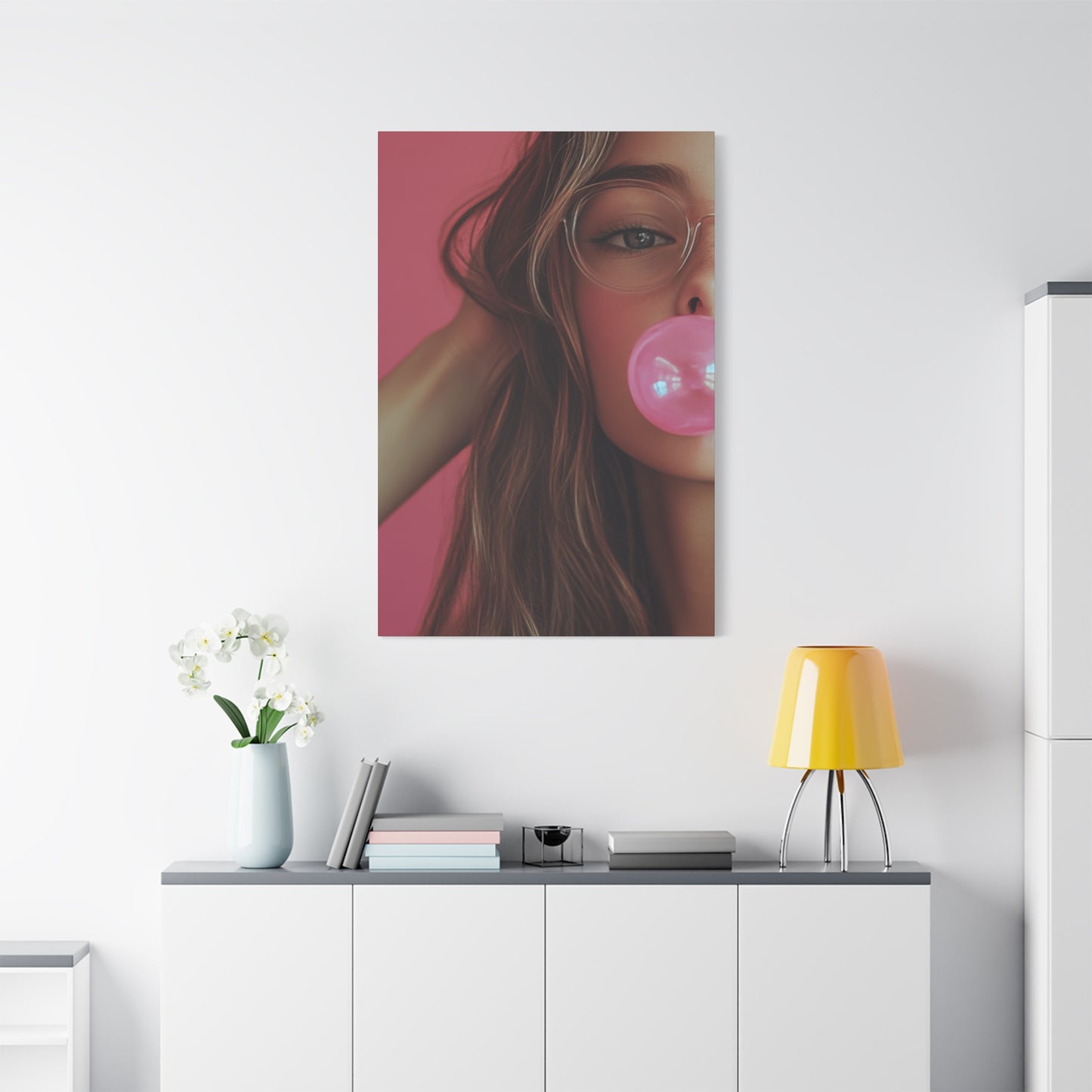 Trendy Bubblegum Girl Wall Art – Soft Pink Portrait Canvas Print with Retro Glasses Aesthetic