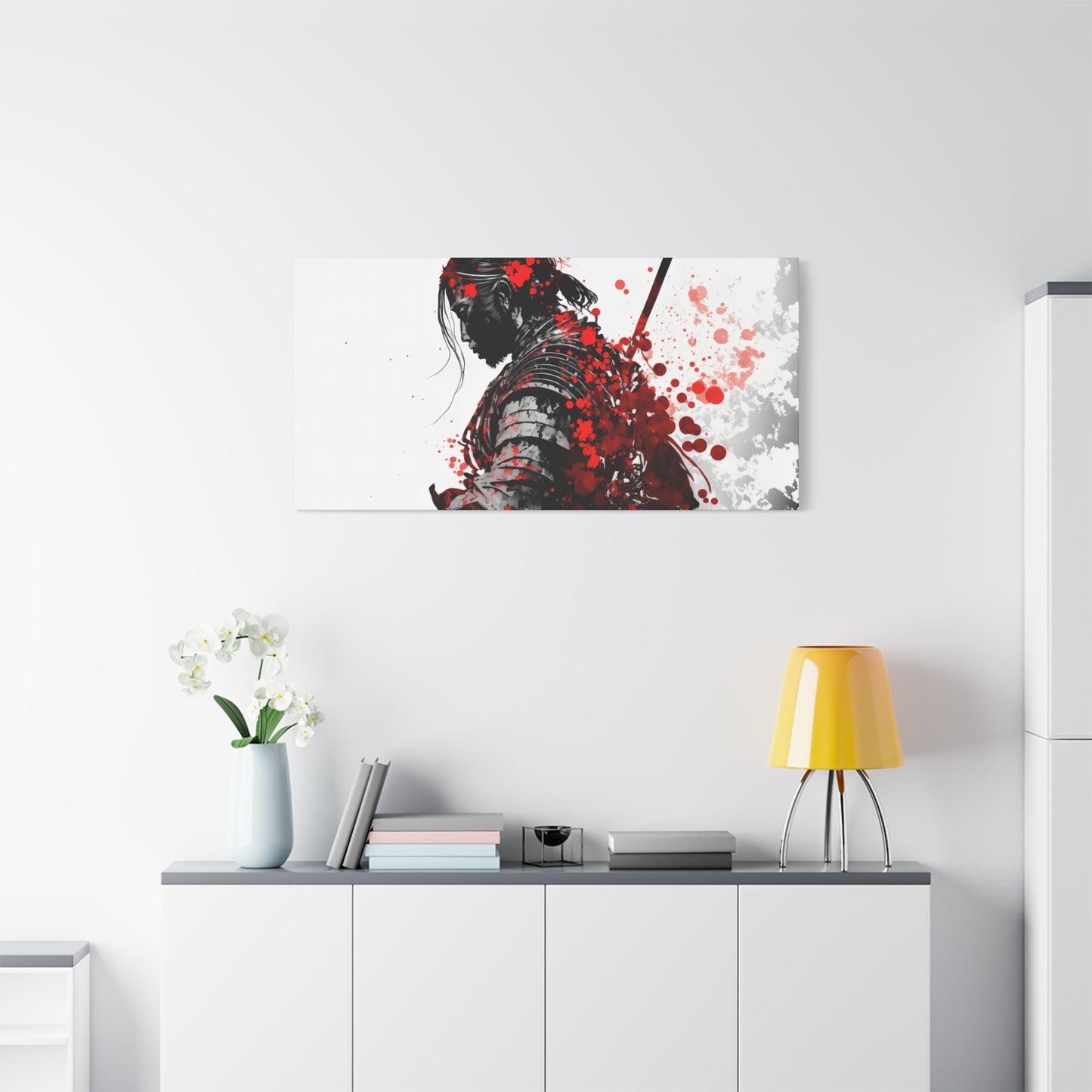 Samurai Warrior Ink Art – Red and Black Japanese Brush Style Canvas Print for Bold, Minimalist Spaces