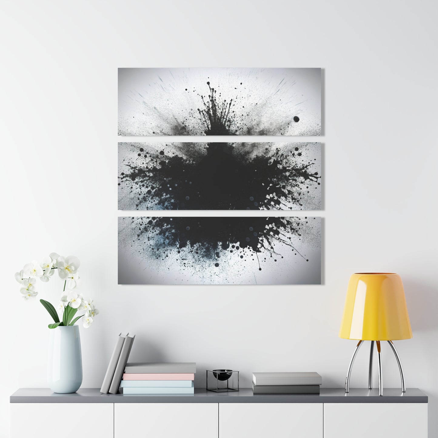 Black Ink Splash Acrylic Triptych Wall Art – 3-Panel Modern Abstract Print Set for Minimalist & Industrial Spaces