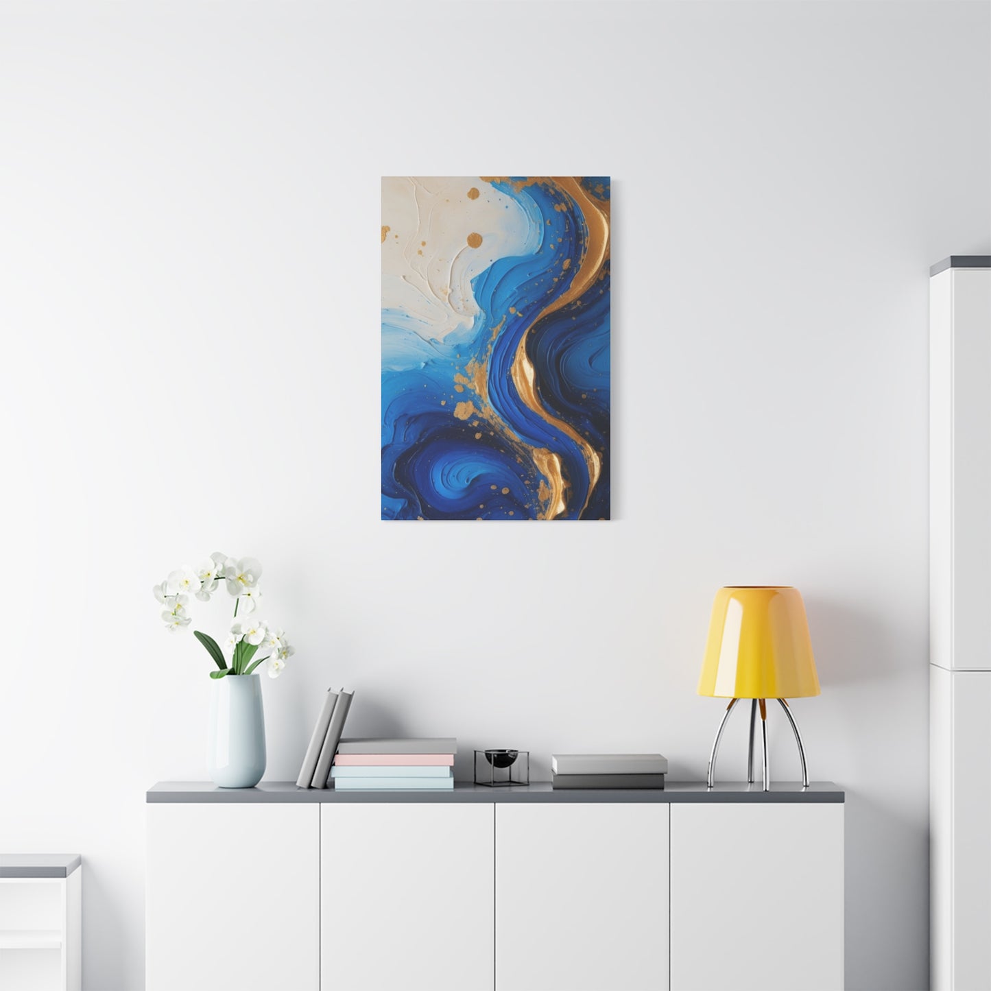 Blue and Gold Abstract Fluid Wall Art – Luxury Canvas Print with Textured Paint Swirls for Modern Home Décor