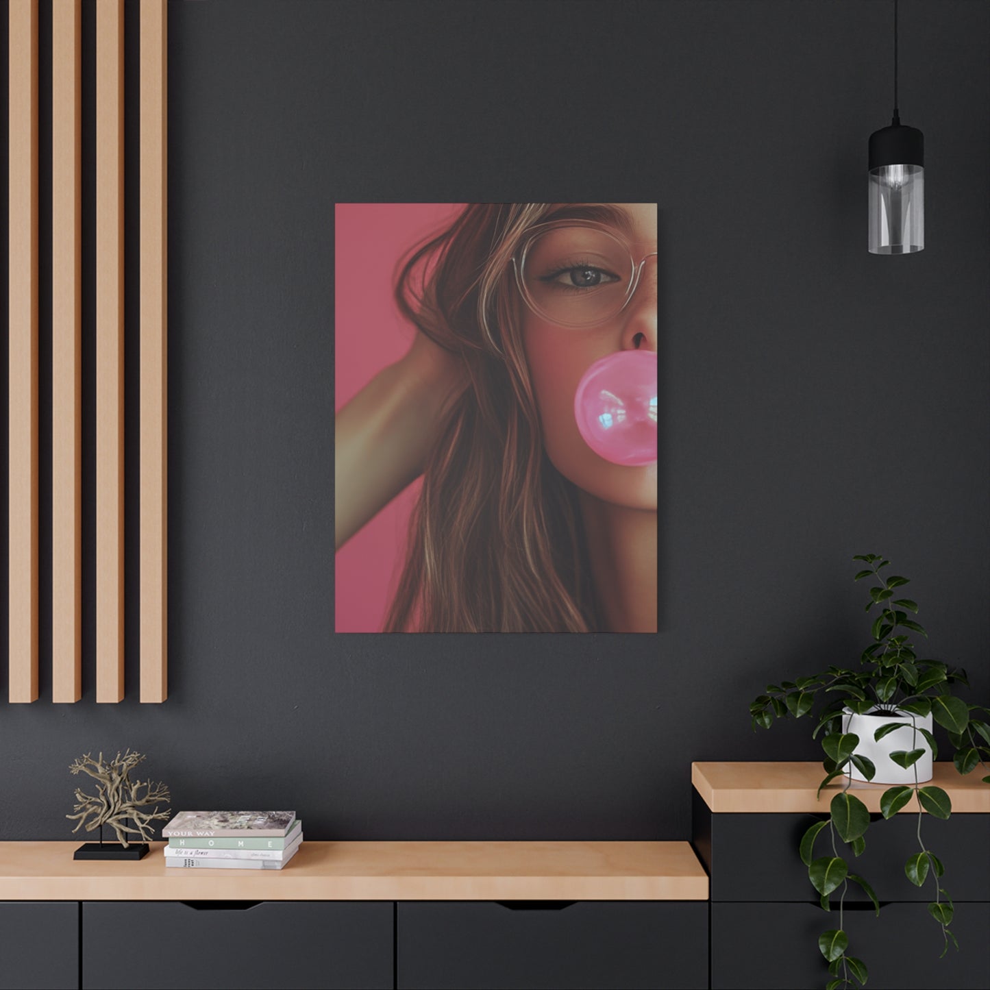 Trendy Bubblegum Girl Wall Art – Soft Pink Portrait Canvas Print with Retro Glasses Aesthetic