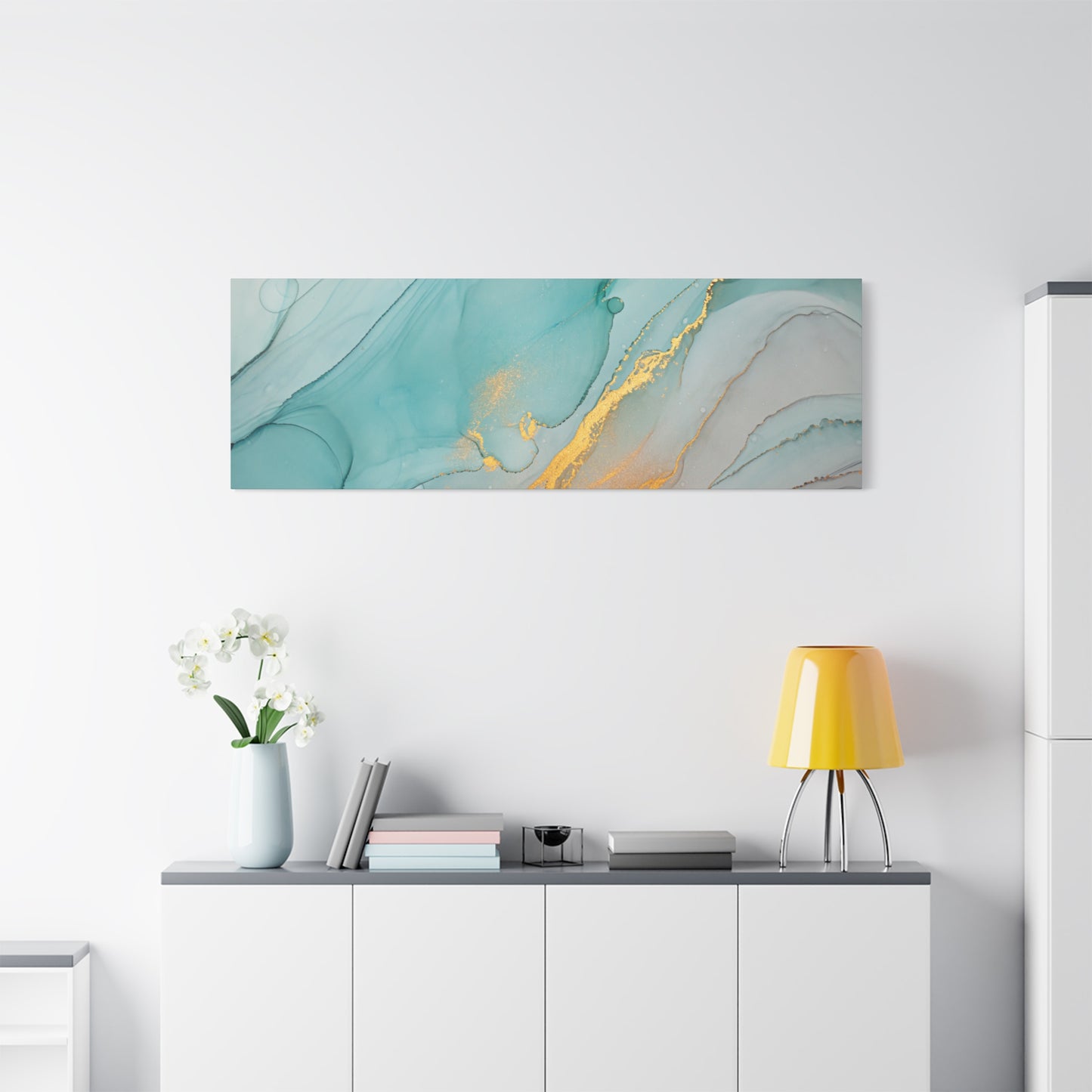 Aqua & Gold Fluid Abstract Canvas Wall Art – Modern Watercolor-Inspired Artwork for Living Room, Bedroom, or Office