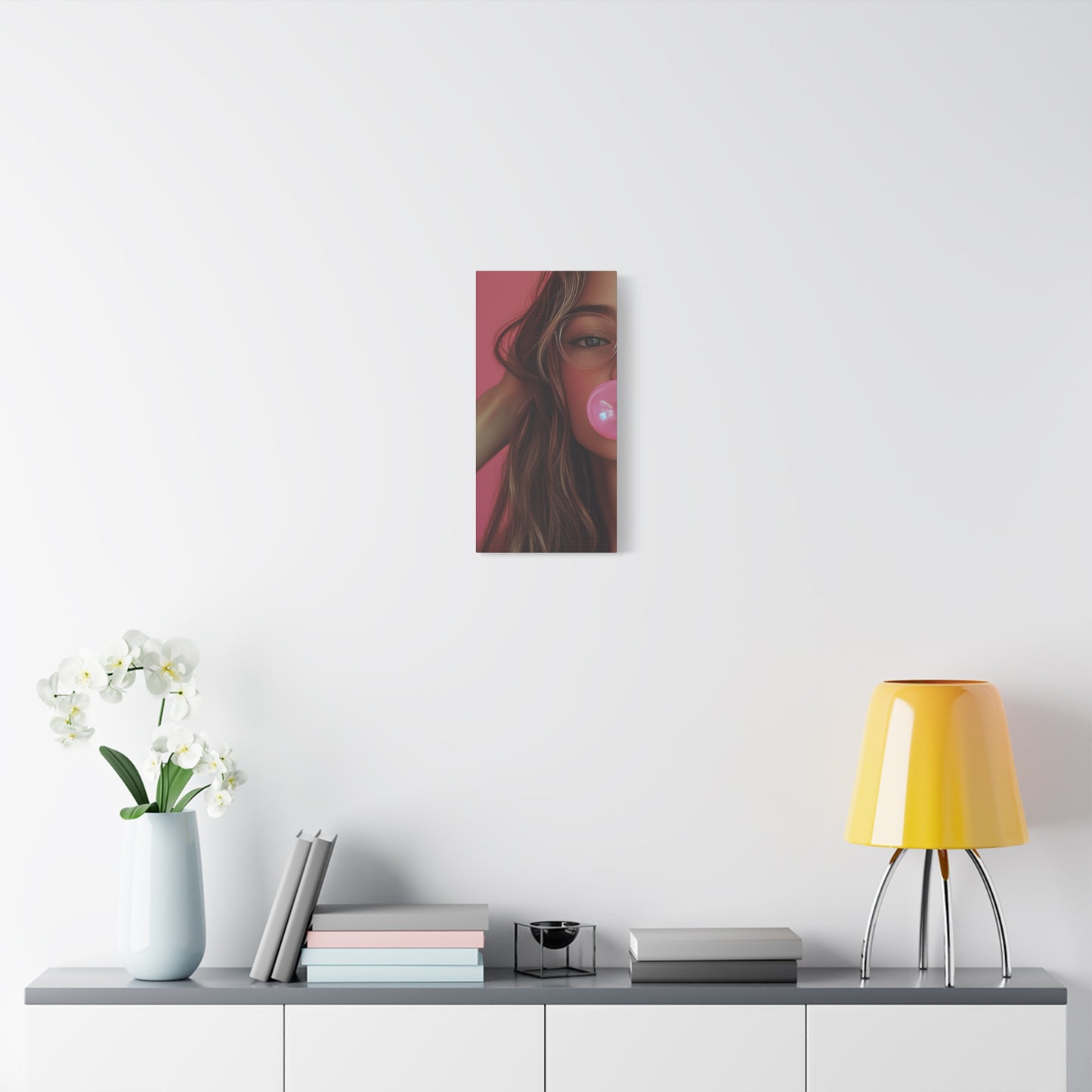 Trendy Bubblegum Girl Wall Art – Soft Pink Portrait Canvas Print with Retro Glasses Aesthetic