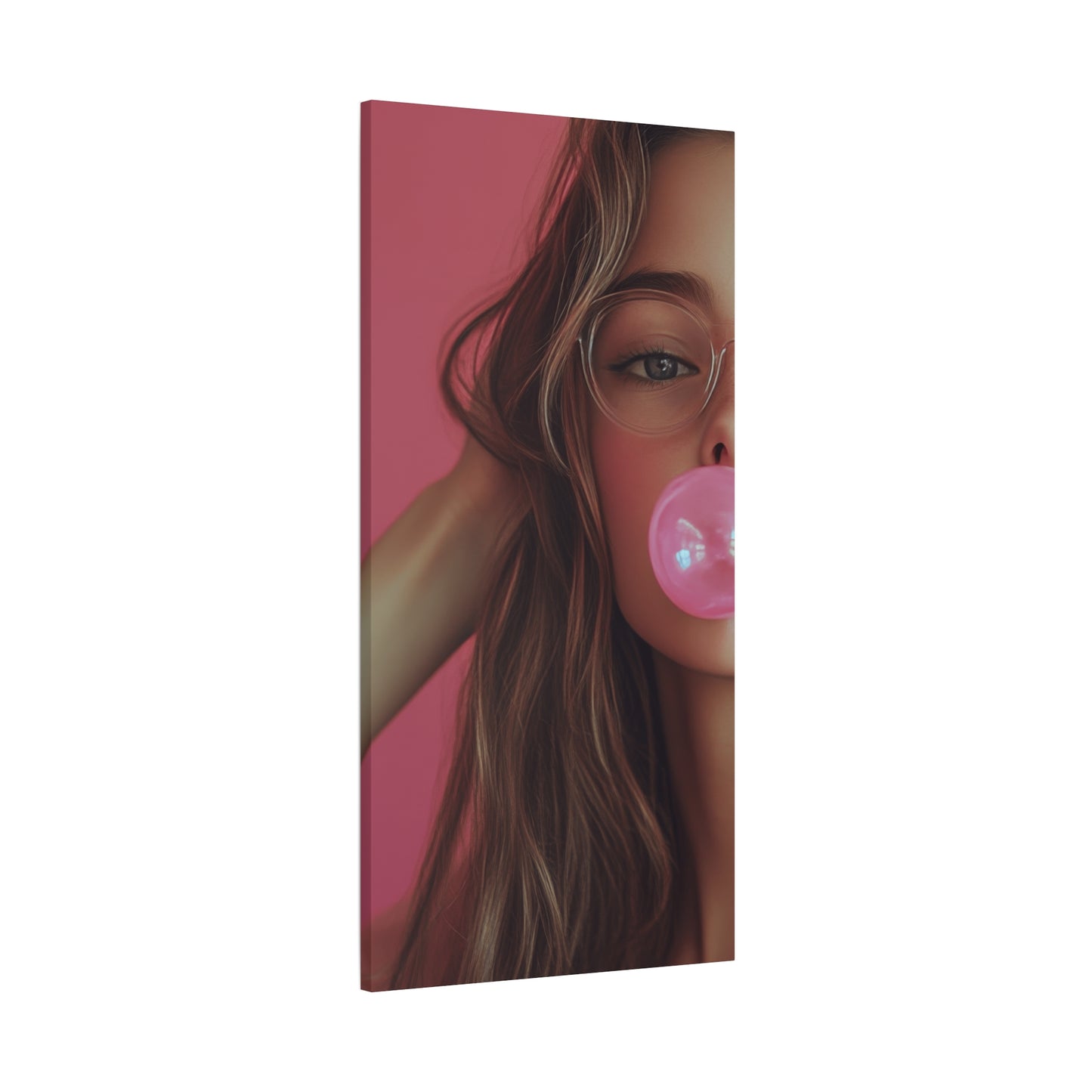 Trendy Bubblegum Girl Wall Art – Soft Pink Portrait Canvas Print with Retro Glasses Aesthetic