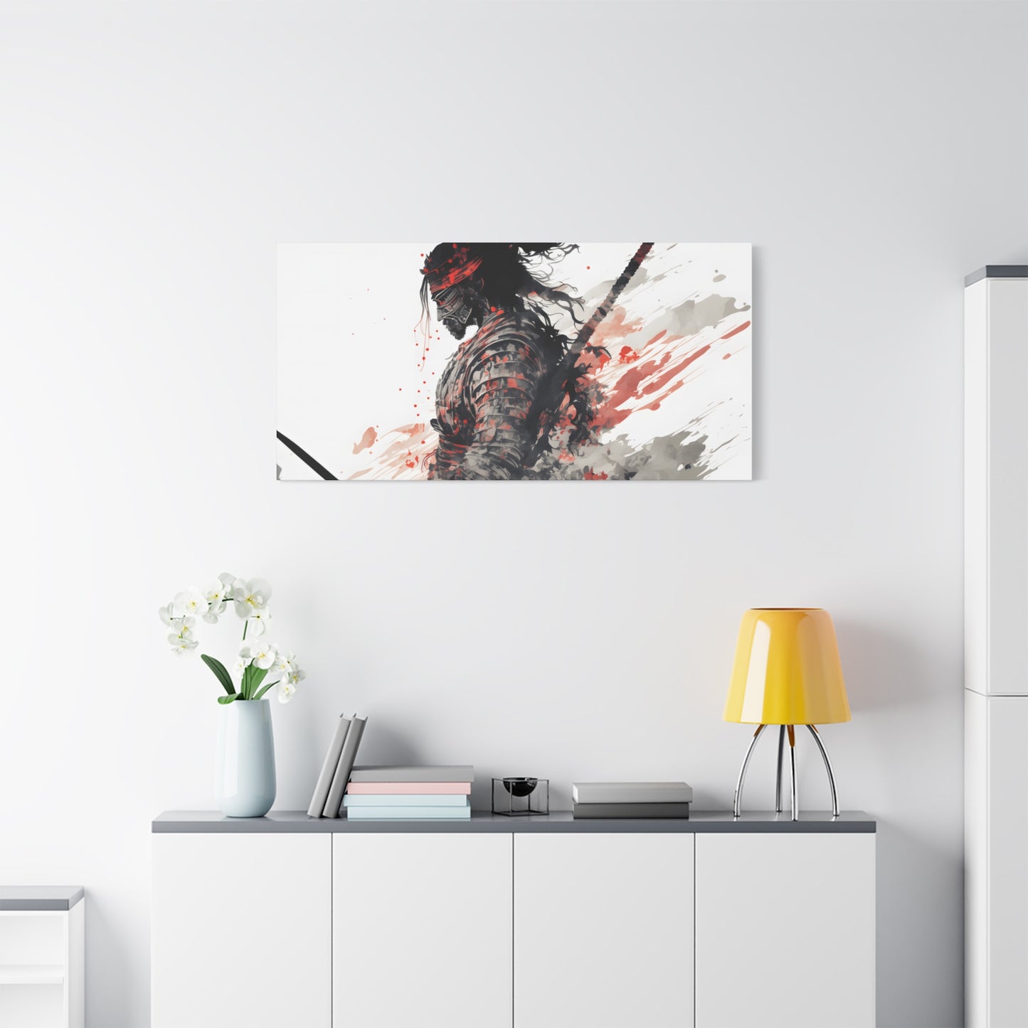 Bushido Samurai Ink Art – Red and Grey Watercolor Canvas Print of Warrior in Armor with Katana