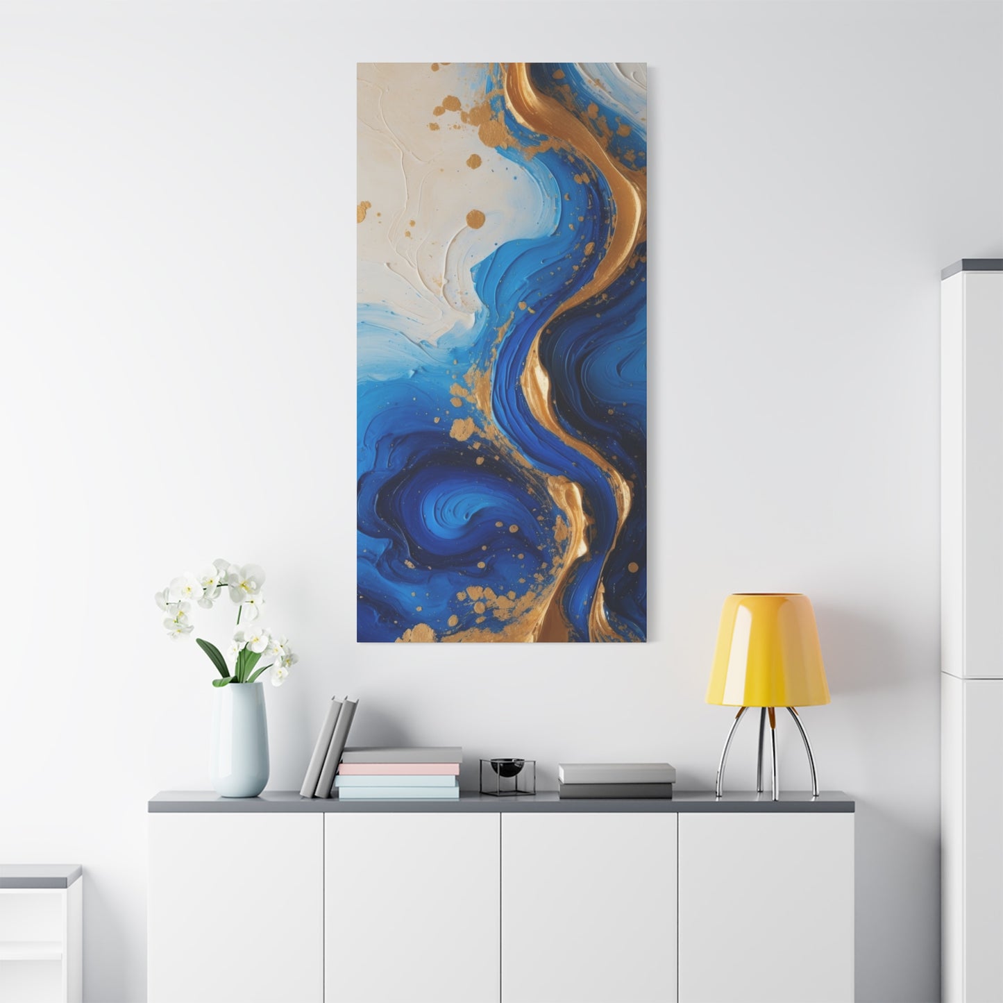 Blue and Gold Abstract Fluid Wall Art – Luxury Canvas Print with Textured Paint Swirls for Modern Home Décor