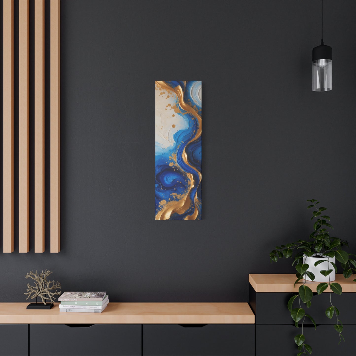 Blue and Gold Abstract Fluid Wall Art – Luxury Canvas Print with Textured Paint Swirls for Modern Home Décor