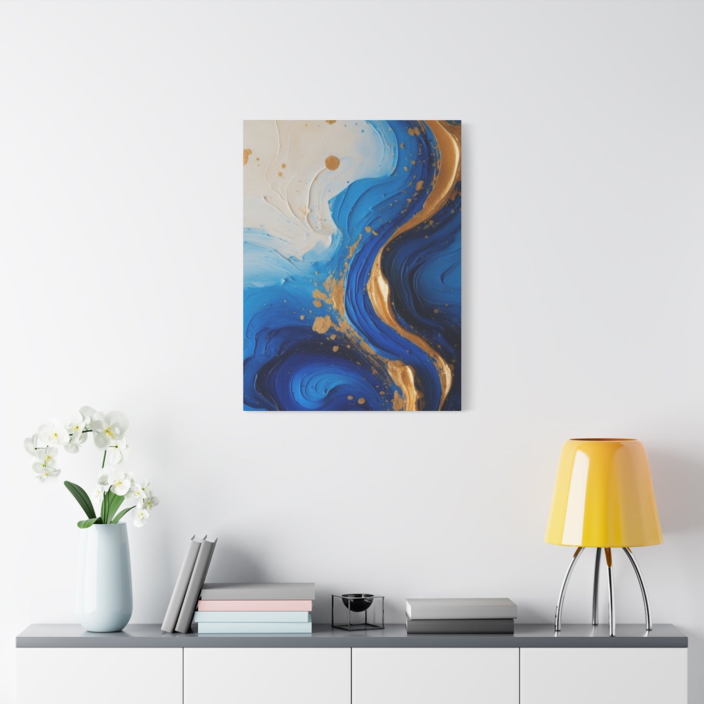 Blue and Gold Abstract Fluid Wall Art – Luxury Canvas Print with Textured Paint Swirls for Modern Home Décor