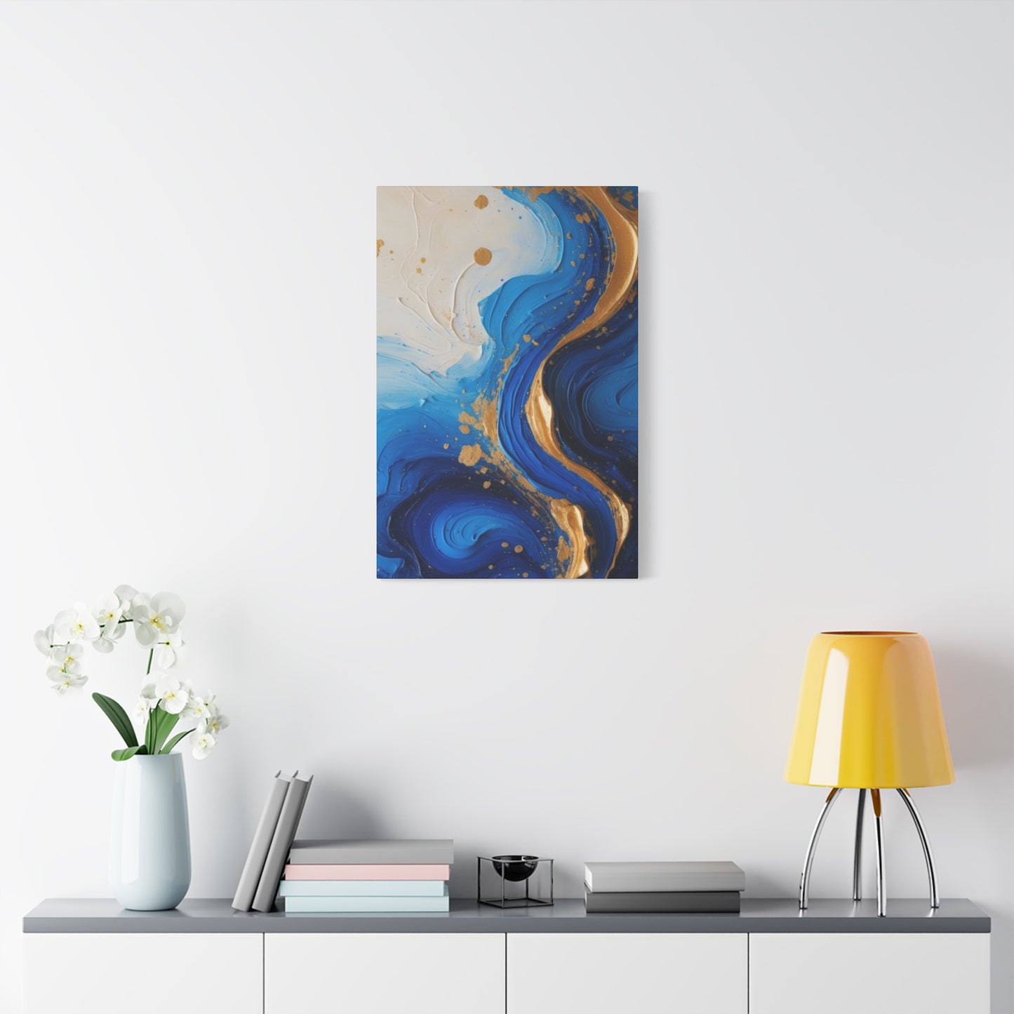 Blue and Gold Abstract Fluid Wall Art – Luxury Canvas Print with Textured Paint Swirls for Modern Home Décor