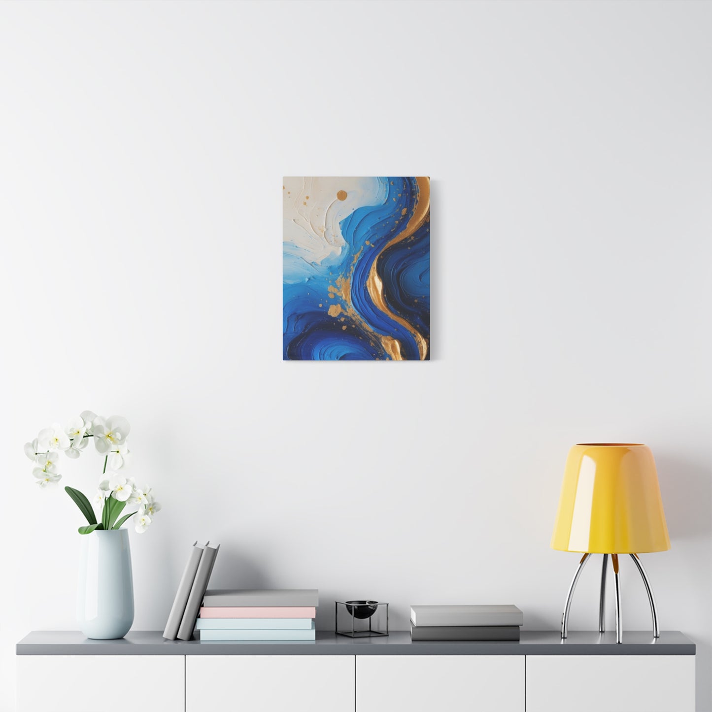 Blue and Gold Abstract Fluid Wall Art – Luxury Canvas Print with Textured Paint Swirls for Modern Home Décor