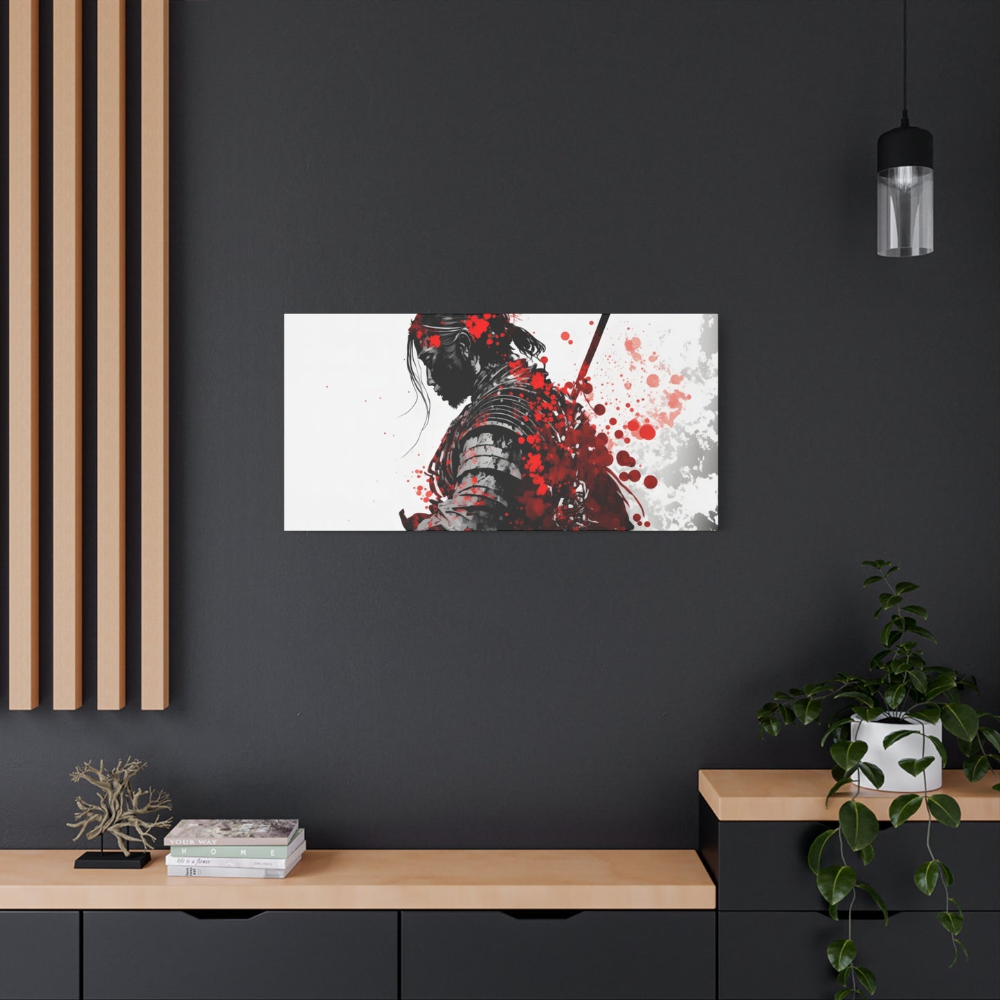 Samurai Warrior Ink Art – Red and Black Japanese Brush Style Canvas Print for Bold, Minimalist Spaces
