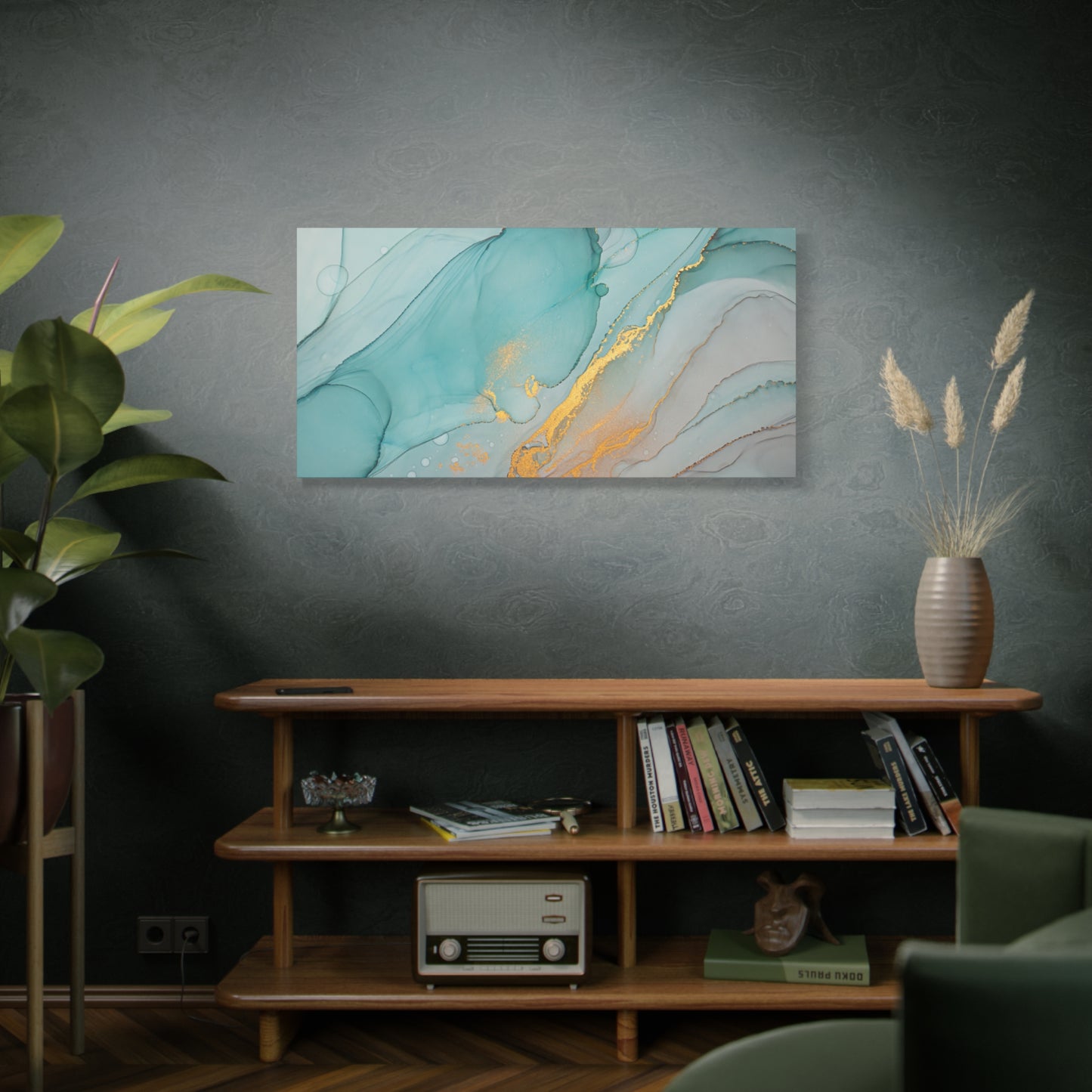 Aqua & Gold Fluid Abstract Canvas Wall Art – Modern Watercolor-Inspired Artwork for Living Room, Bedroom, or Office