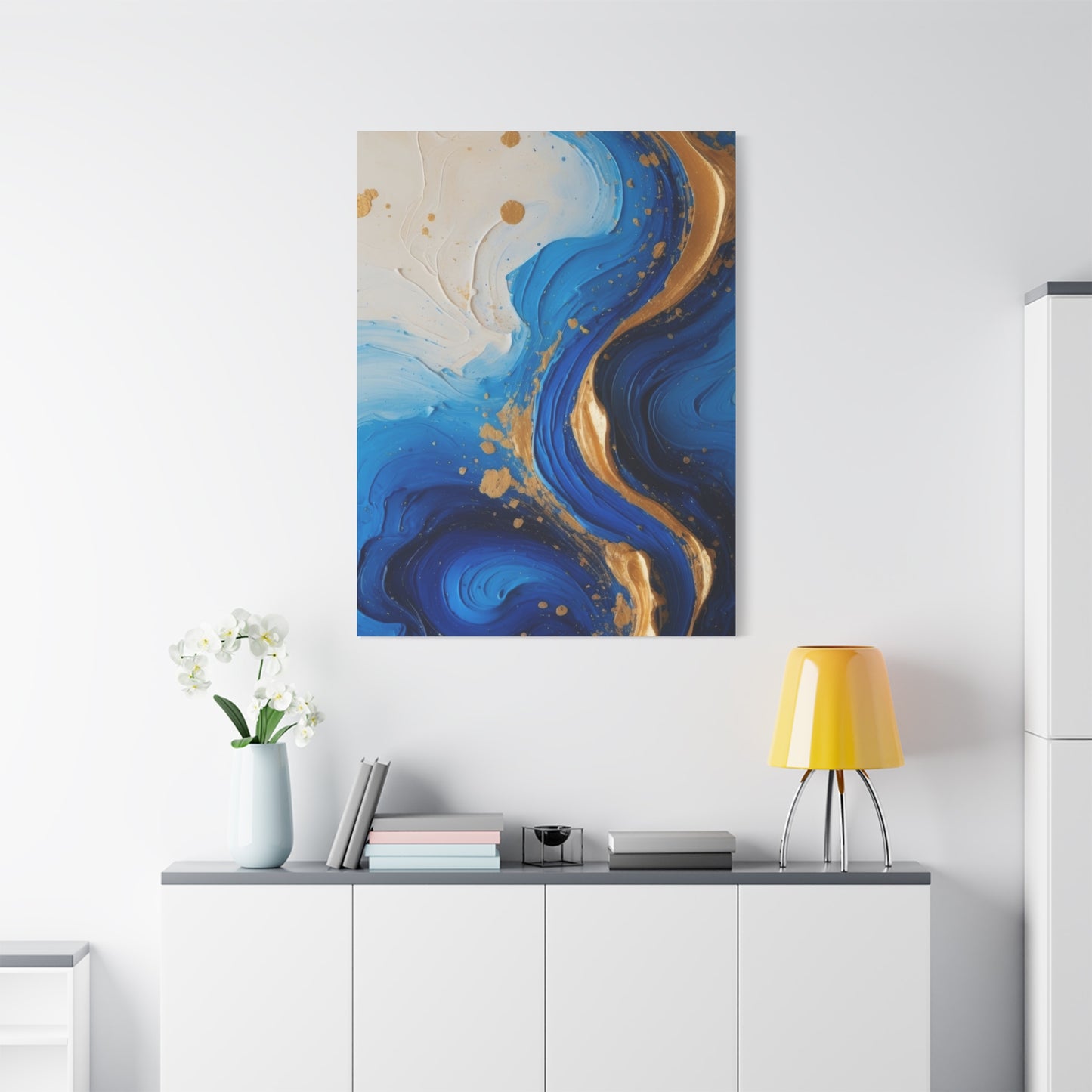 Blue and Gold Abstract Fluid Wall Art – Luxury Canvas Print with Textured Paint Swirls for Modern Home Décor