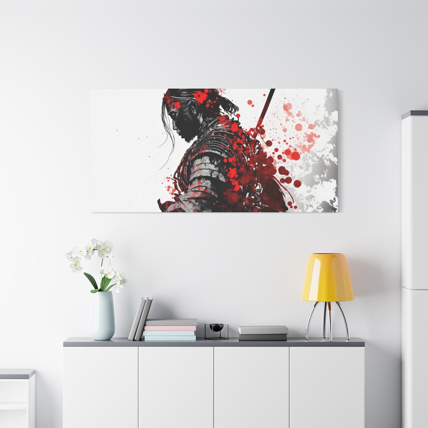 Samurai Warrior Ink Art – Red and Black Japanese Brush Style Canvas Print for Bold, Minimalist Spaces