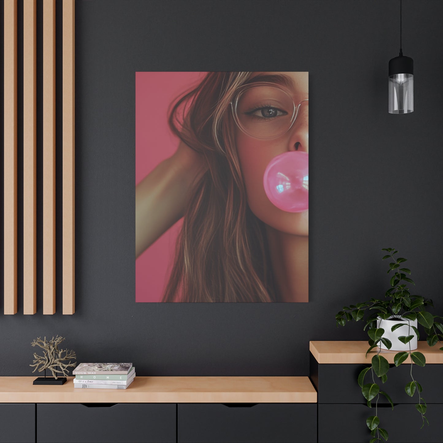 Trendy Bubblegum Girl Wall Art – Soft Pink Portrait Canvas Print with Retro Glasses Aesthetic