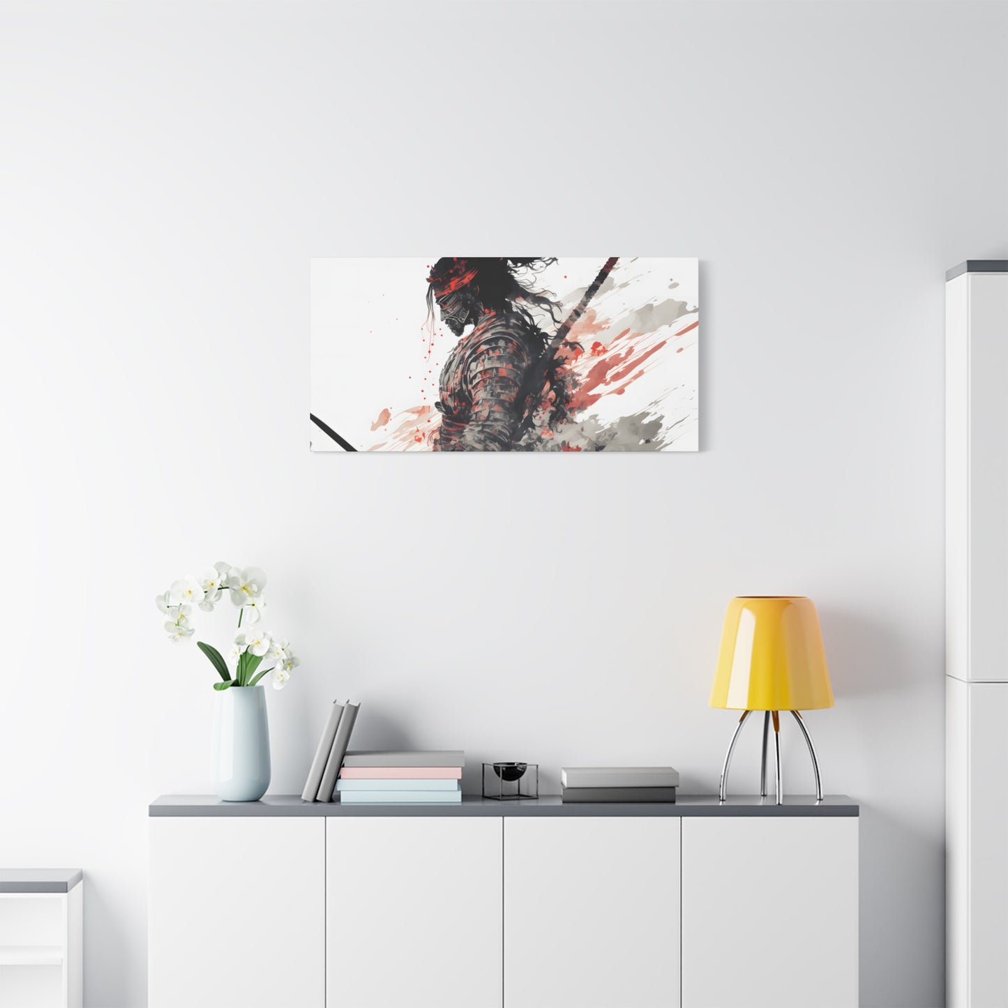 Bushido Samurai Ink Art – Red and Grey Watercolor Canvas Print of Warrior in Armor with Katana