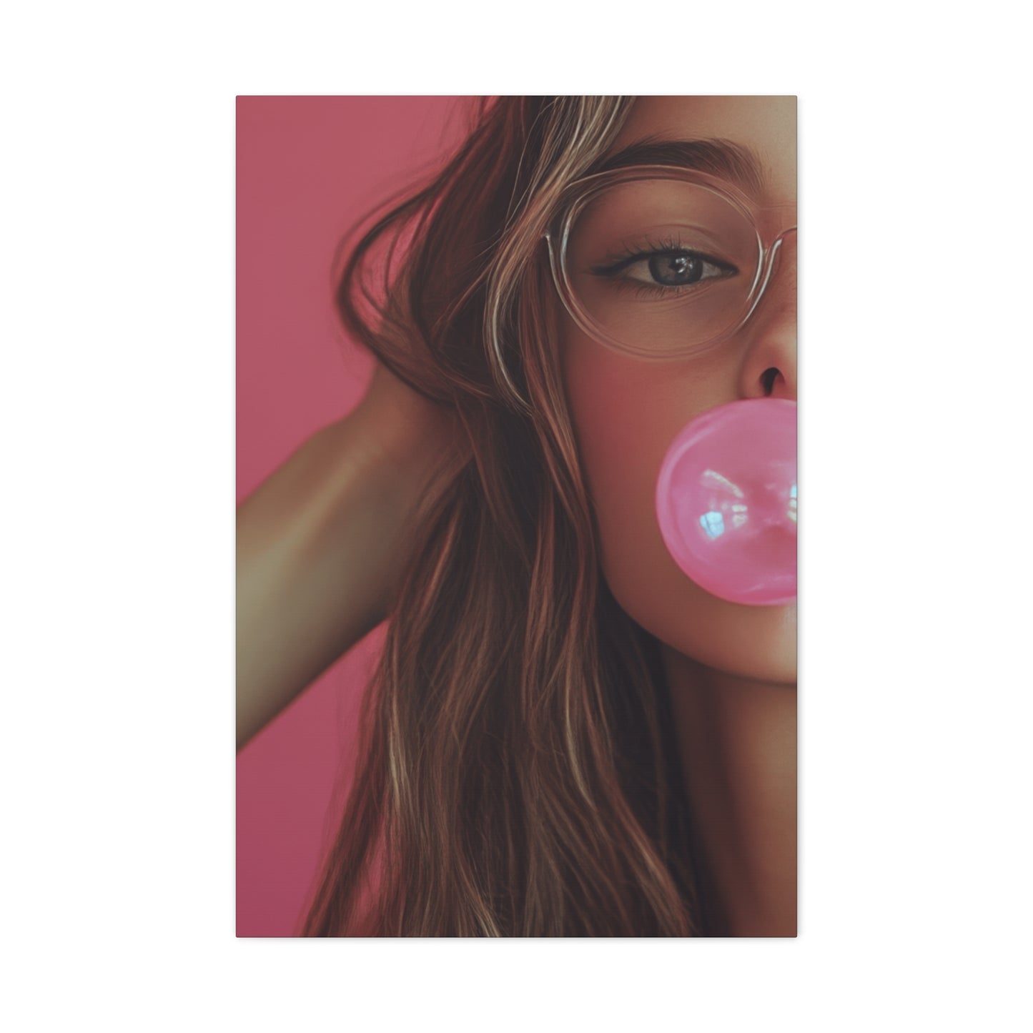 Trendy Bubblegum Girl Wall Art – Soft Pink Portrait Canvas Print with Retro Glasses Aesthetic