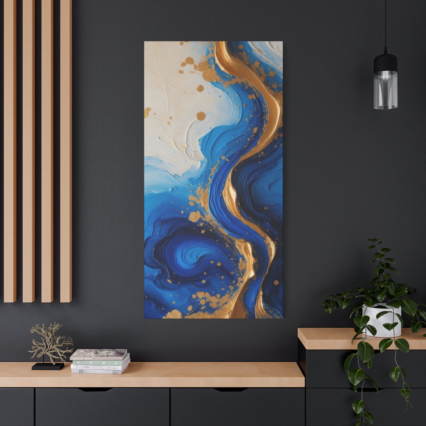 Blue and Gold Abstract Fluid Wall Art – Luxury Canvas Print with Textured Paint Swirls for Modern Home Décor