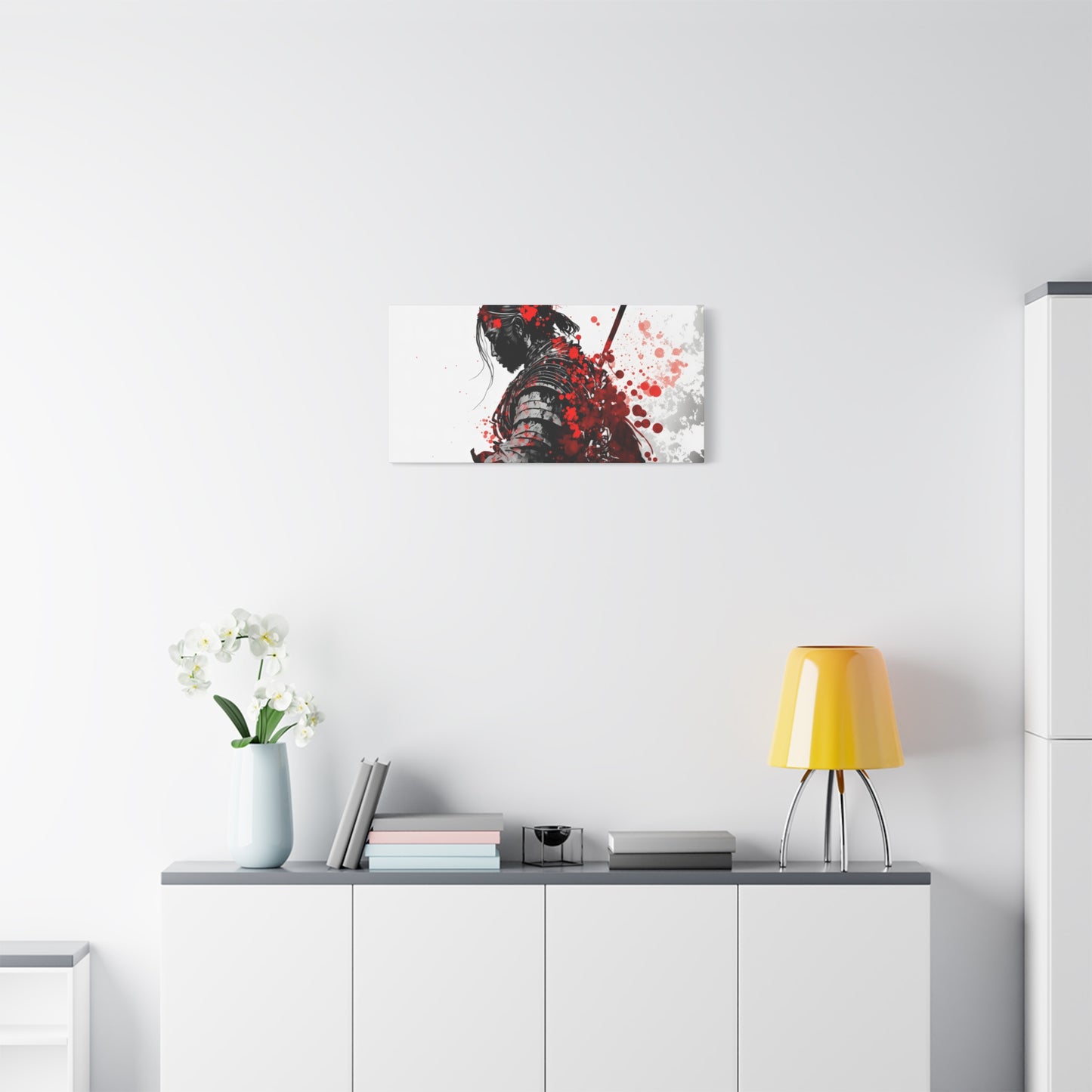 Samurai Warrior Ink Art – Red and Black Japanese Brush Style Canvas Print for Bold, Minimalist Spaces
