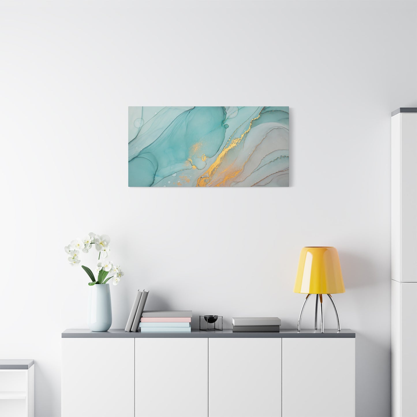 Aqua & Gold Fluid Abstract Canvas Wall Art – Modern Watercolor-Inspired Artwork for Living Room, Bedroom, or Office