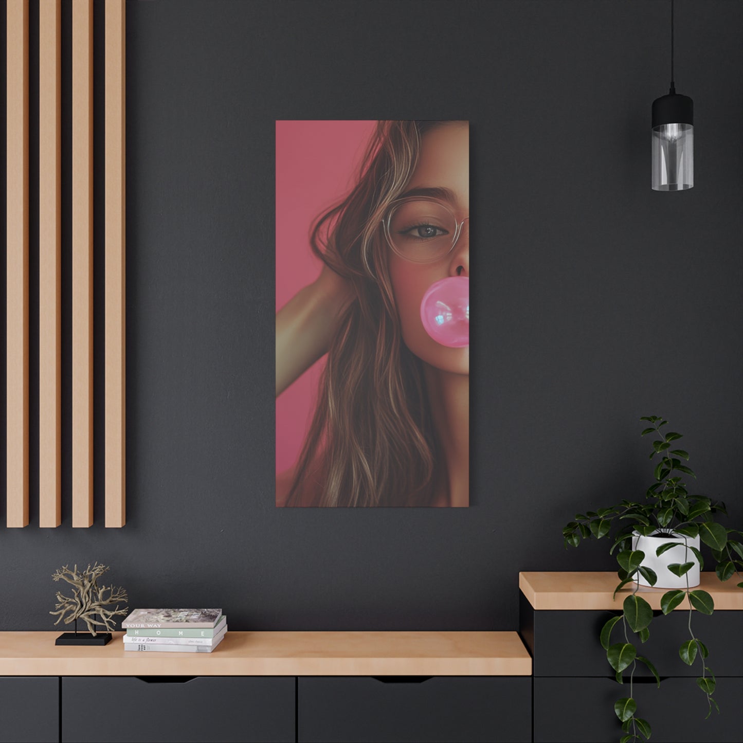 Trendy Bubblegum Girl Wall Art – Soft Pink Portrait Canvas Print with Retro Glasses Aesthetic