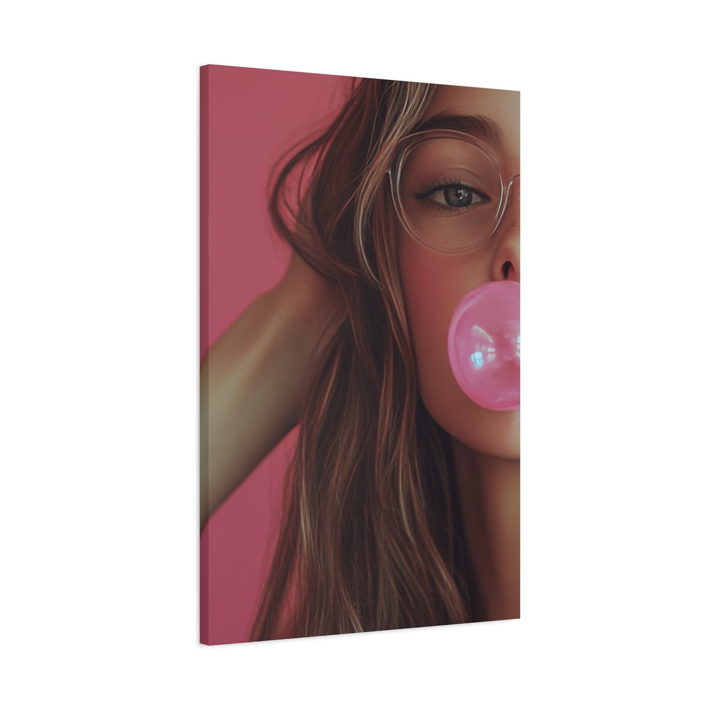 Trendy Bubblegum Girl Wall Art – Soft Pink Portrait Canvas Print with Retro Glasses Aesthetic