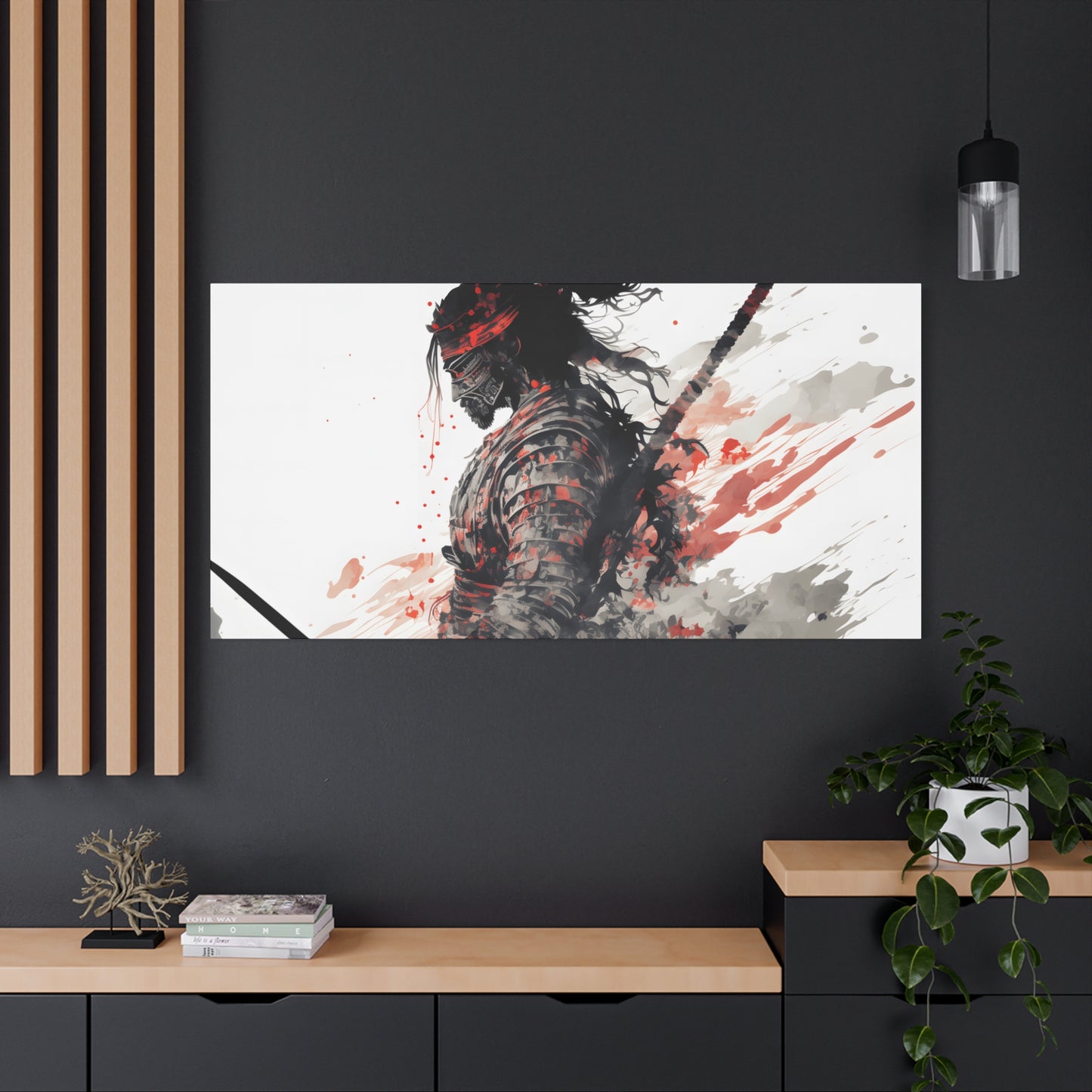 Bushido Samurai Ink Art – Red and Grey Watercolor Canvas Print of Warrior in Armor with Katana