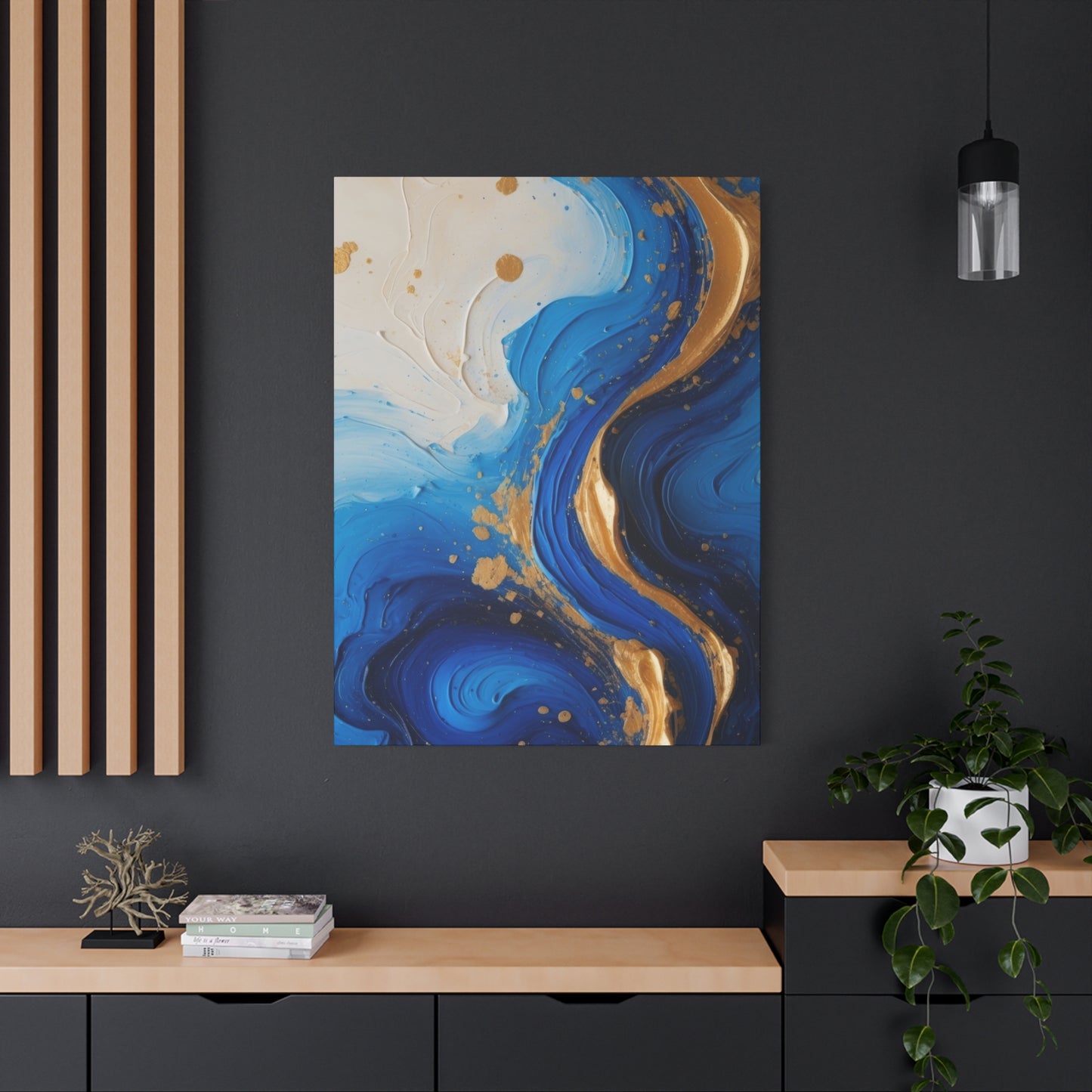Blue and Gold Abstract Fluid Wall Art – Luxury Canvas Print with Textured Paint Swirls for Modern Home Décor