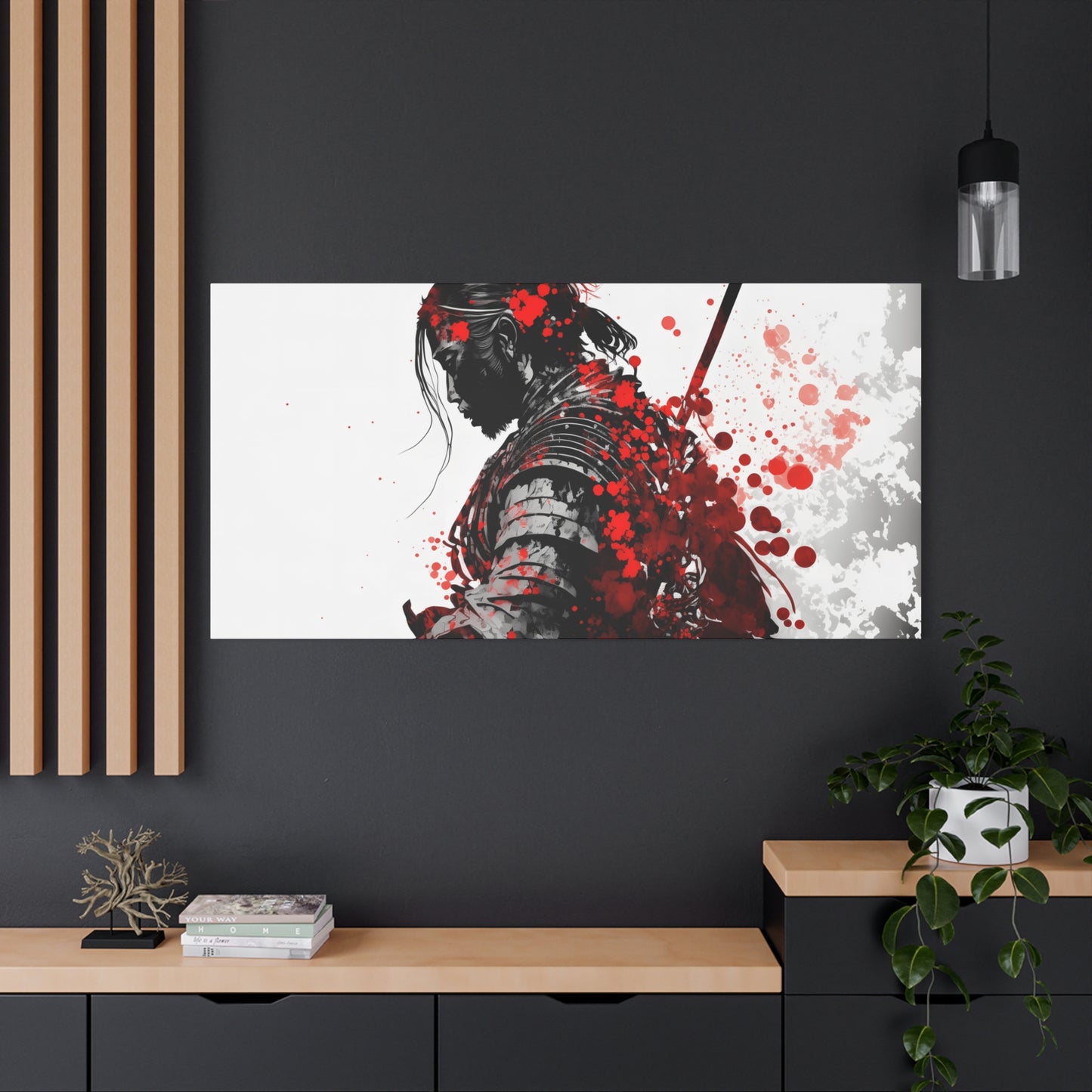 Samurai Warrior Ink Art – Red and Black Japanese Brush Style Canvas Print for Bold, Minimalist Spaces